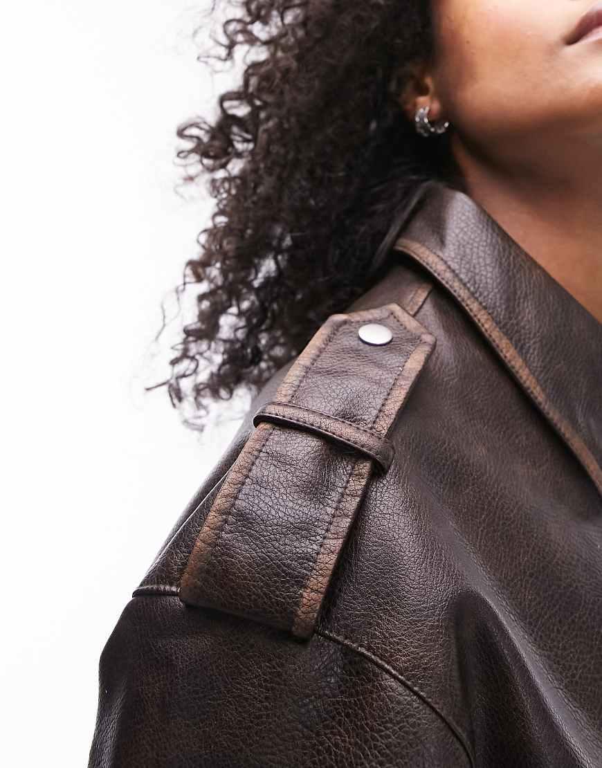 TOPSHOP Faux Leather Grain Bomber Jacket in Brown Lyst UK