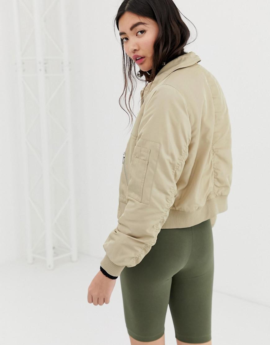 Monki Short Bomber Jacket With Oversized Pockets in Natural | Lyst