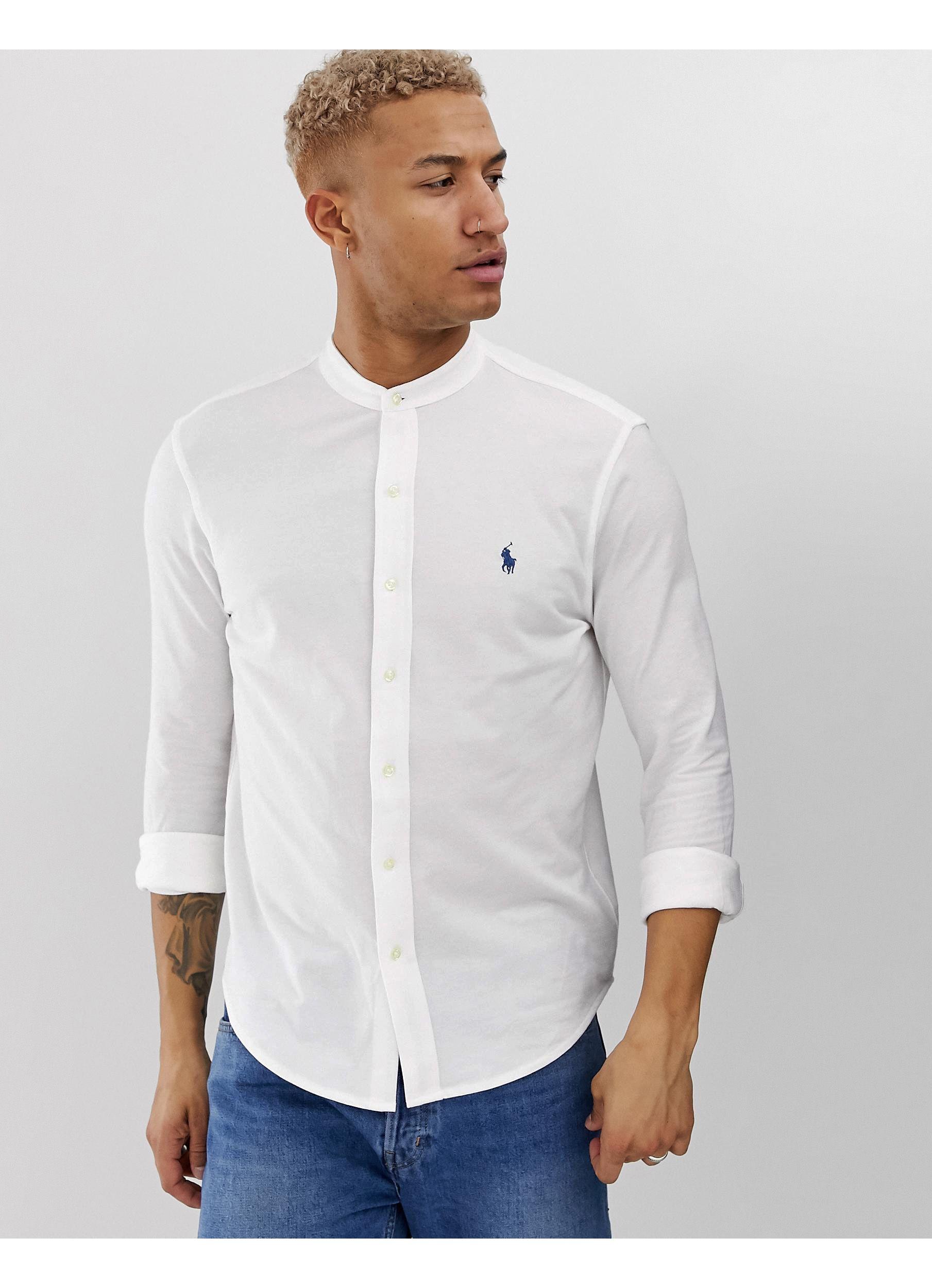 Polo Ralph Lauren Player Logo Grandad Collar Pique Shirt Slim Fit in White  for Men | Lyst Australia
