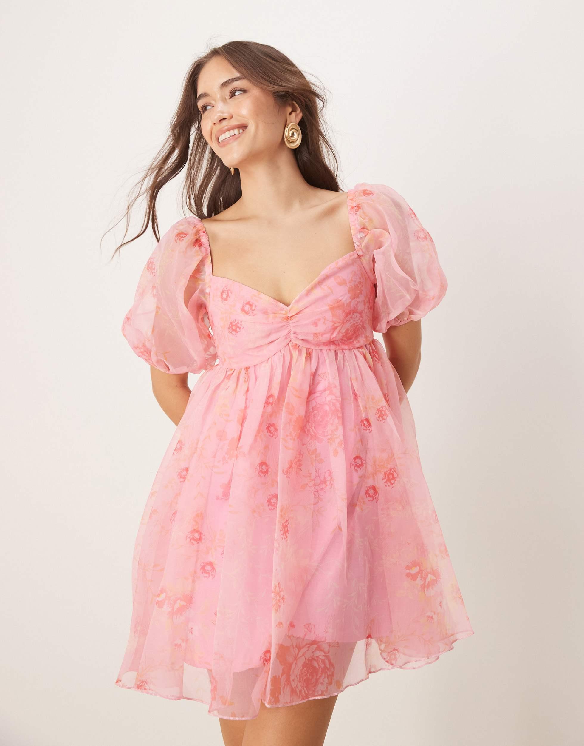 LACE & BEADS Sheer Sleeve Organza Mini Dress in Pink | Lyst