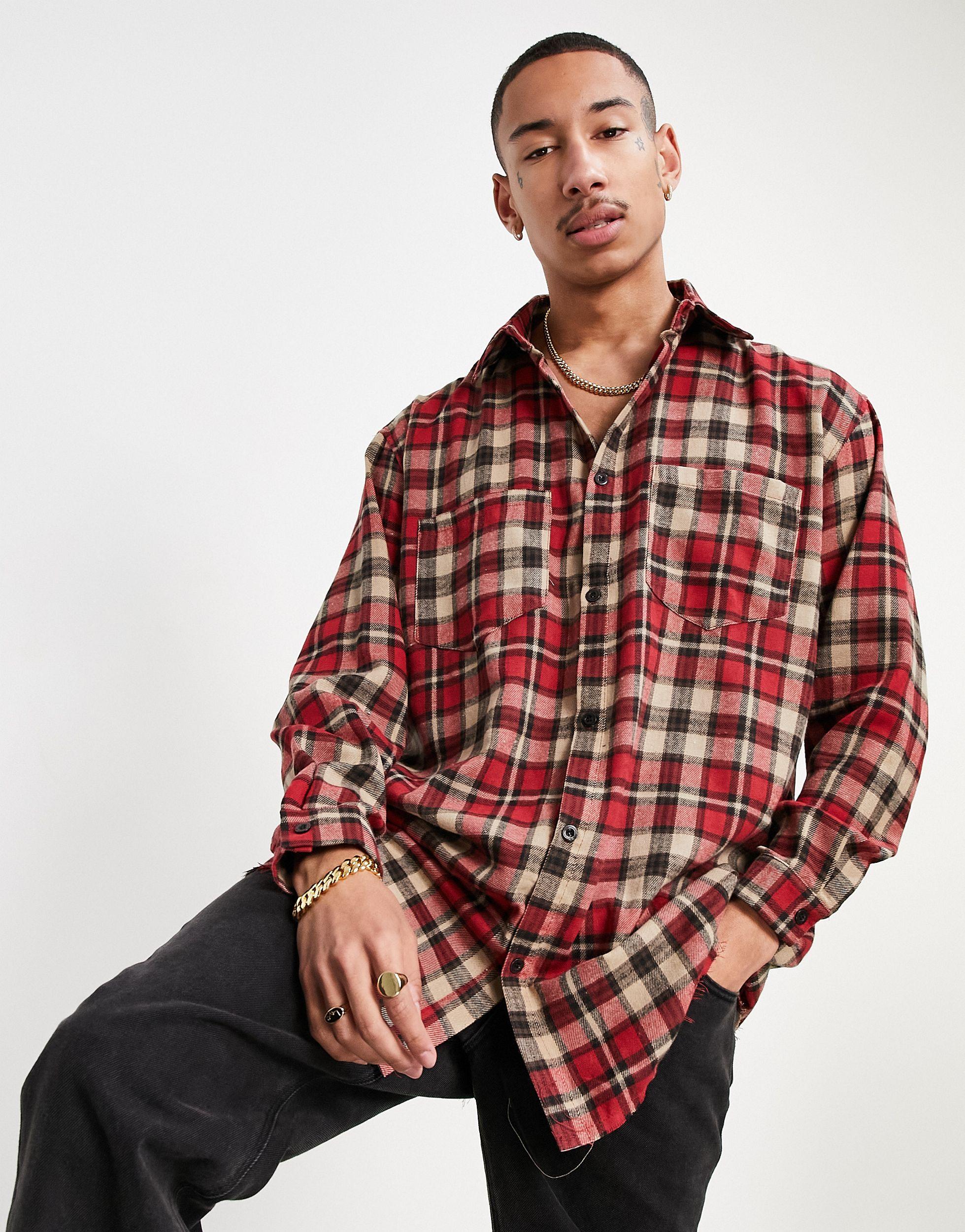 Mennace Oversized Checked Shirt in Red 