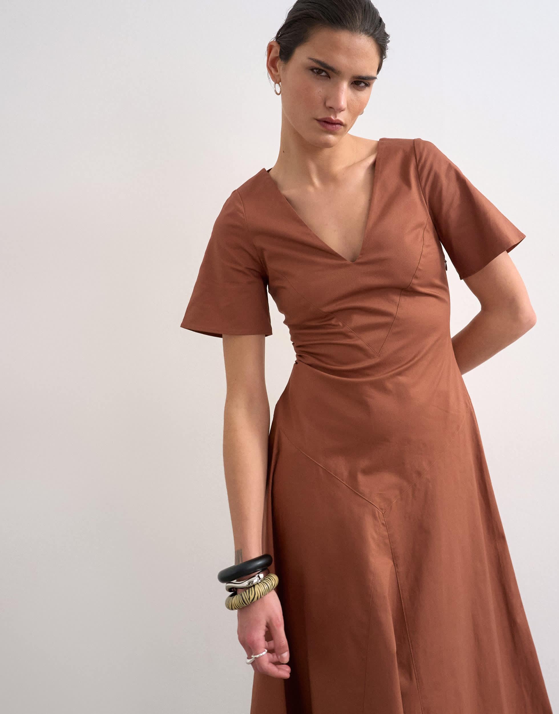 brown v neck midi dress Brown Mesh Sequin Midi Dress main image 0