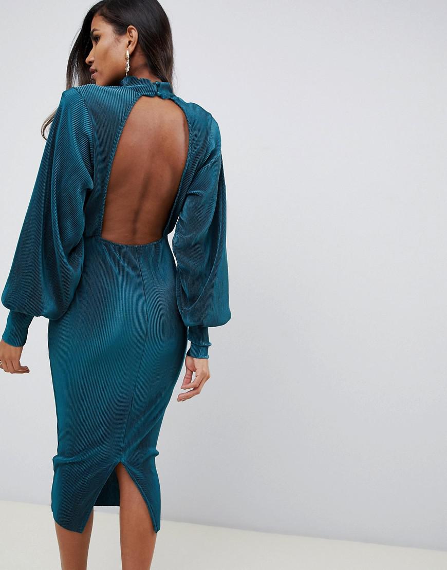 ASOS Plisse High Neck Balloon Sleeve Open Back Midi Dress in Green | Lyst