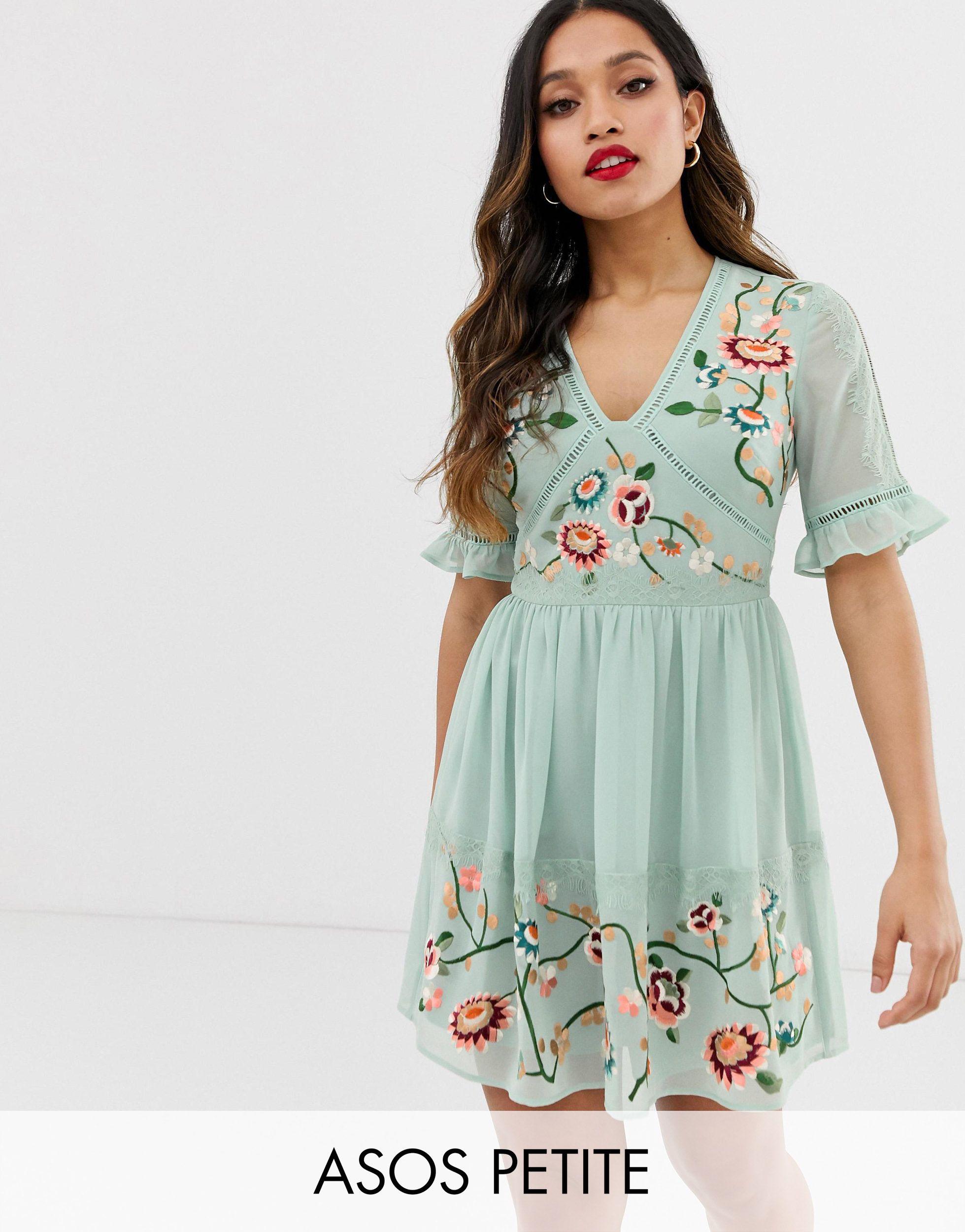 asos design petite pleated embroidered mini dress