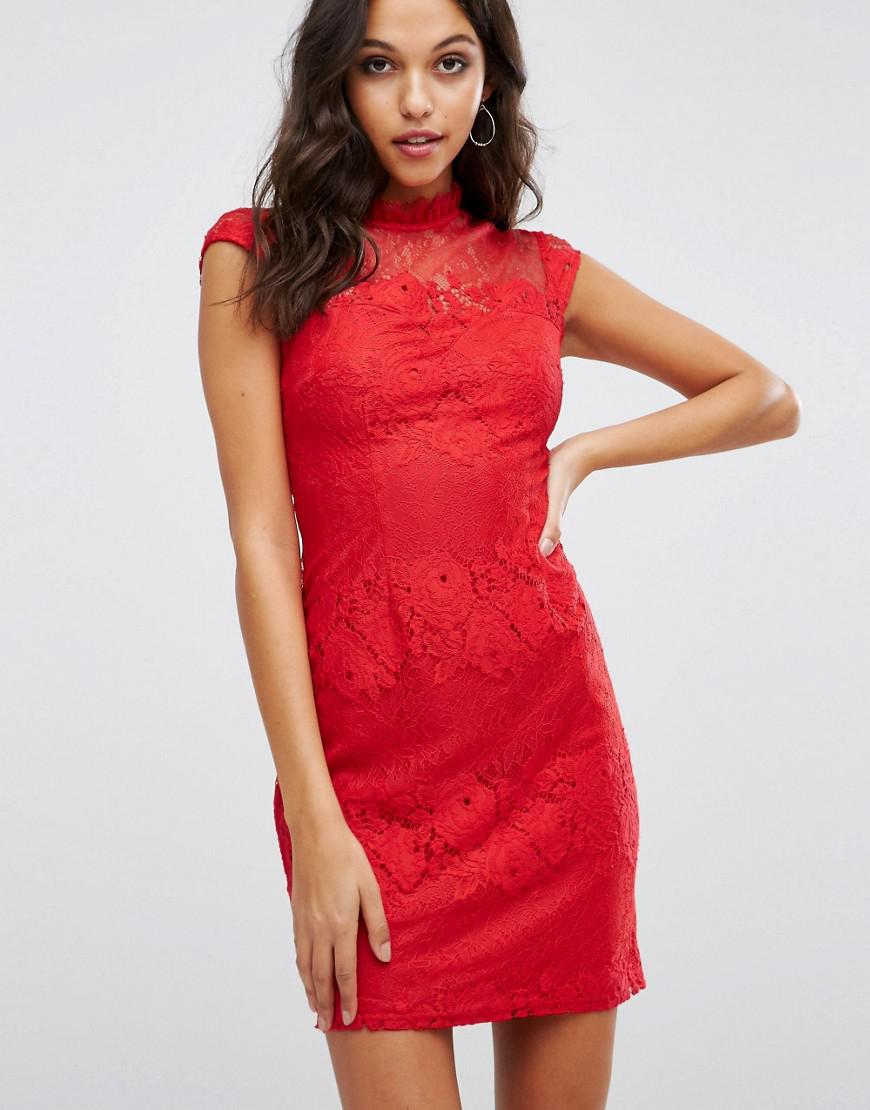 Lipsy Lace High Neck Bodycon Dress in Red - Lyst