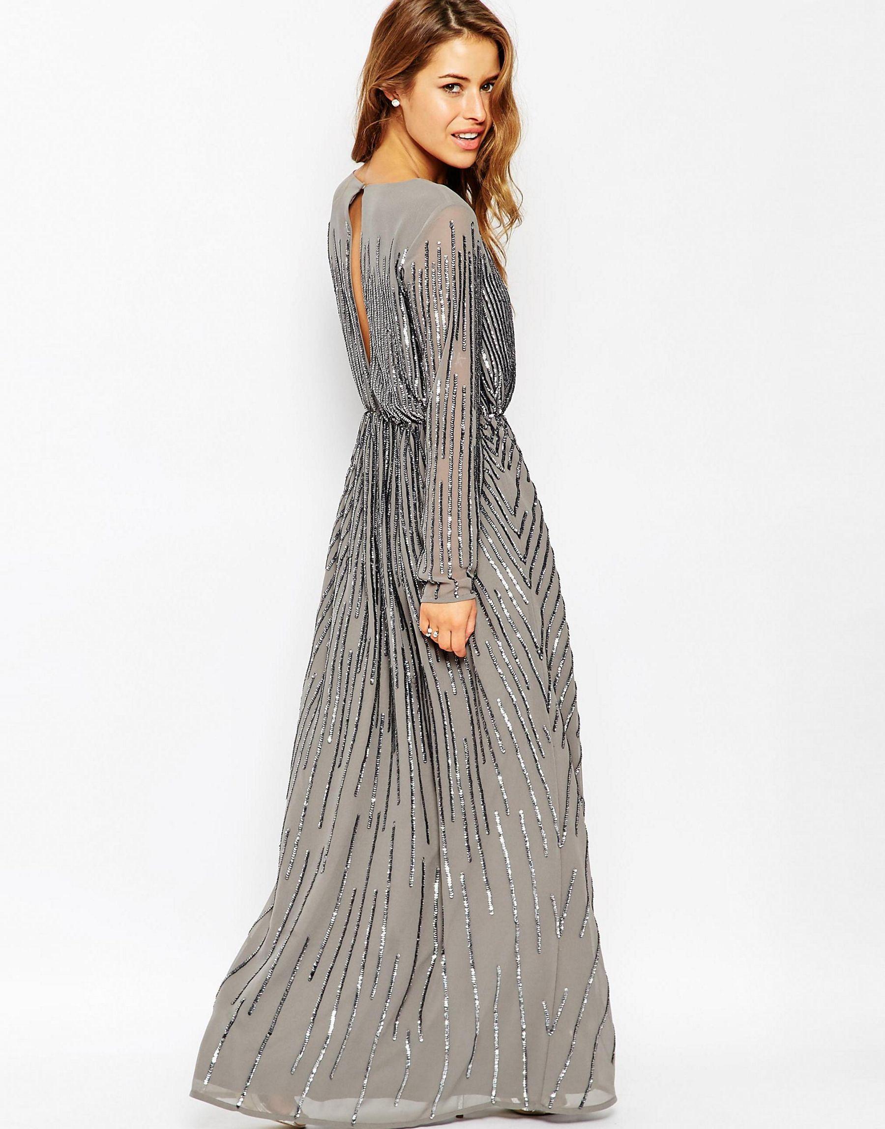 ASOS Synthetic Petite Linear Sequin Long Sleeve Maxi Dress in Gray - Lyst