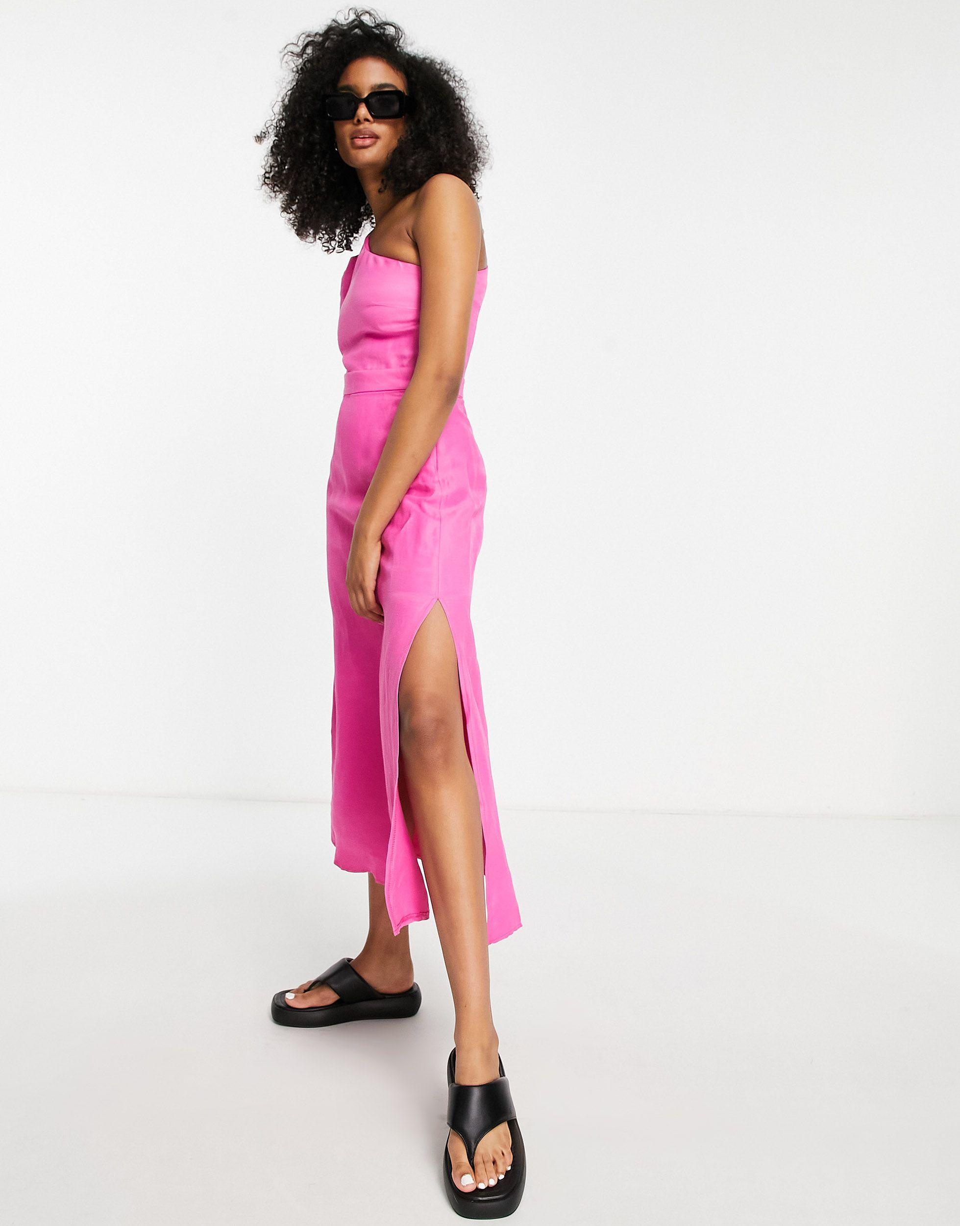 TOPSHOP One Shoulder Linen Midi Dress in Pink | Lyst
