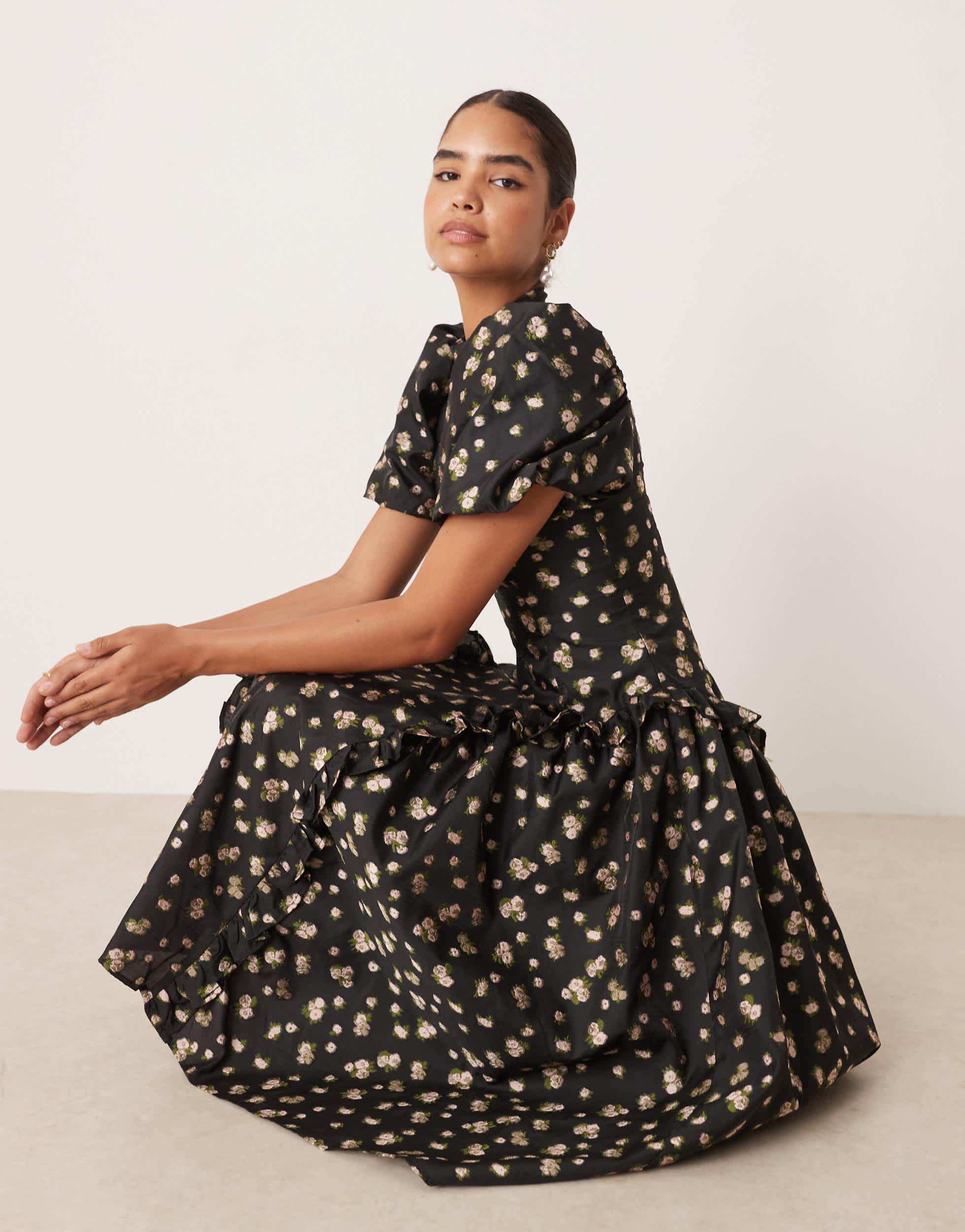 Sister Jane Dream Jacquard Midi Dress With Ruffle Hip Detail