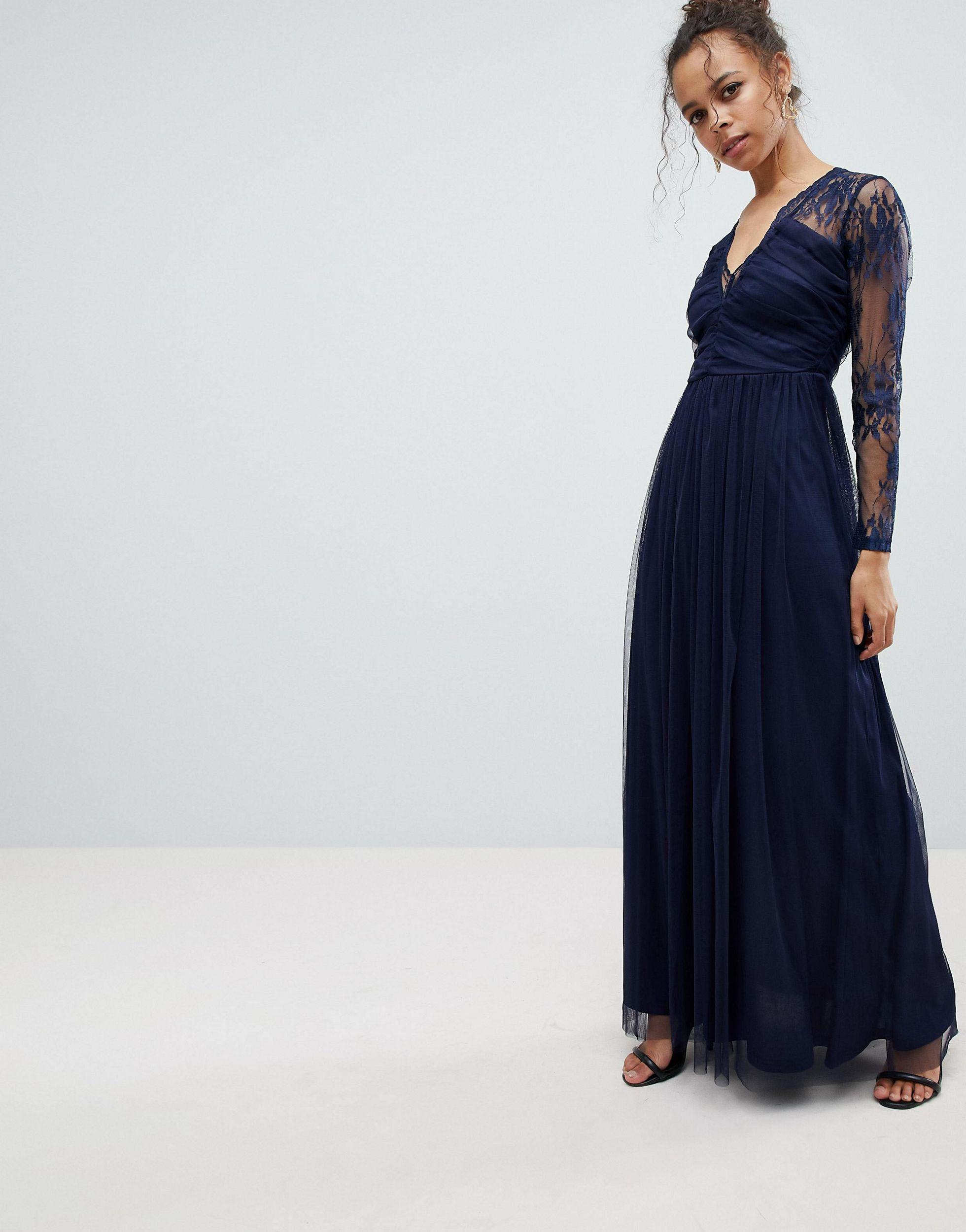 ASOS Lace Maxi Dress With Long Sleeves in Navy (Blue) | Lyst