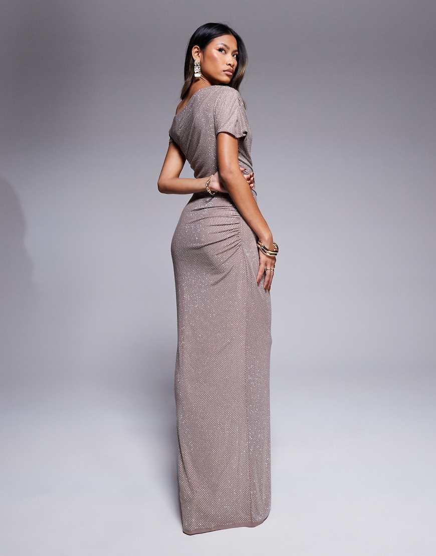 ASOS Iridescent Hotfix Ruched Off Shoulder Maxi Dress in Grey