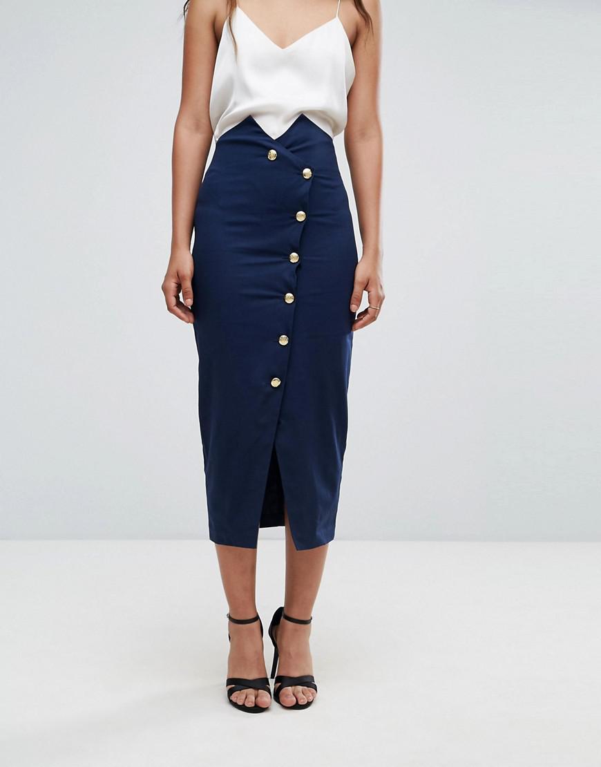 ASOS Tailored High Waist Pencil Skirt With Military Button Detail in Blue |  Lyst