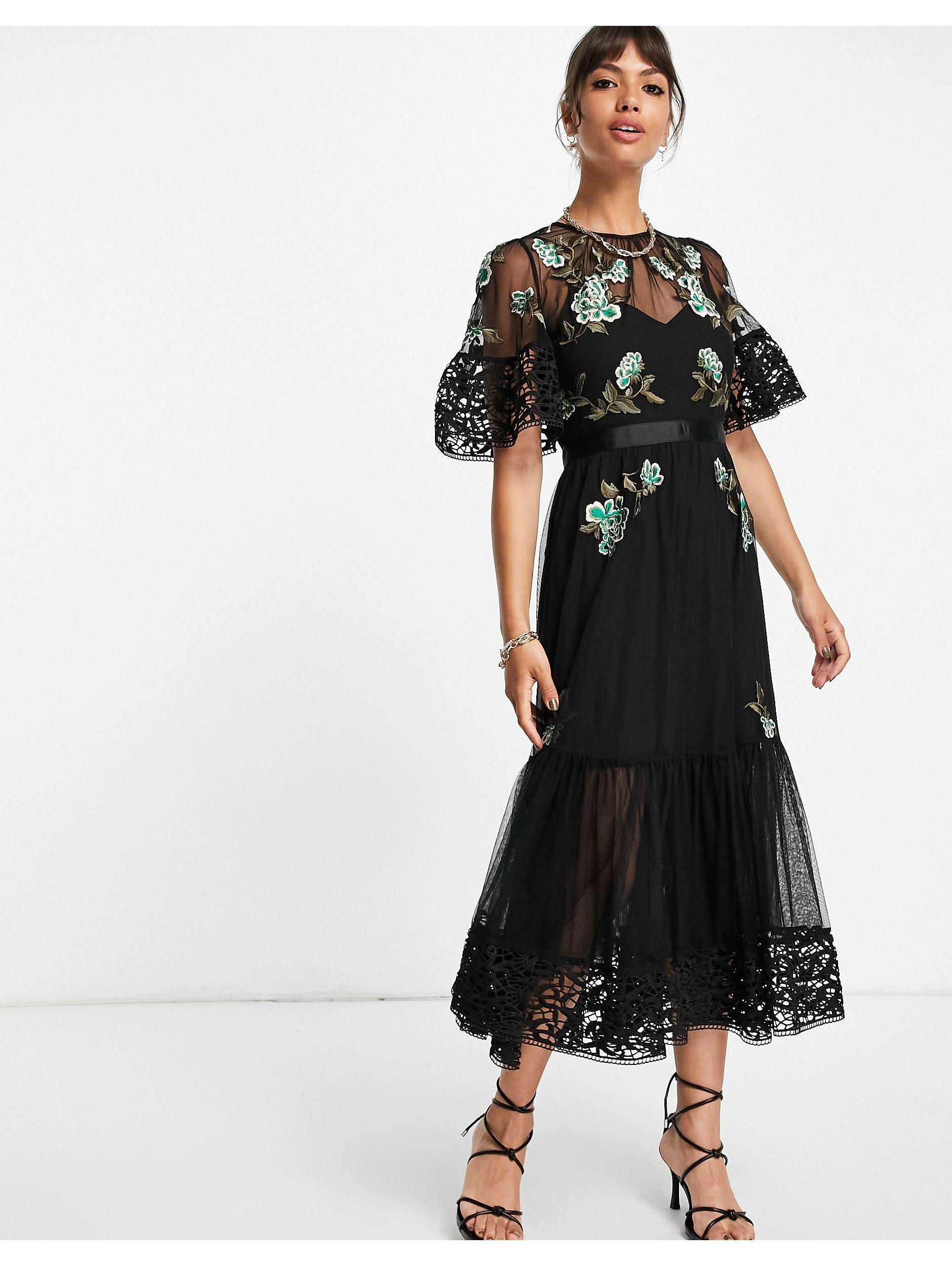 French Connection Embroidered Layered Midi Dress in Black | Lyst