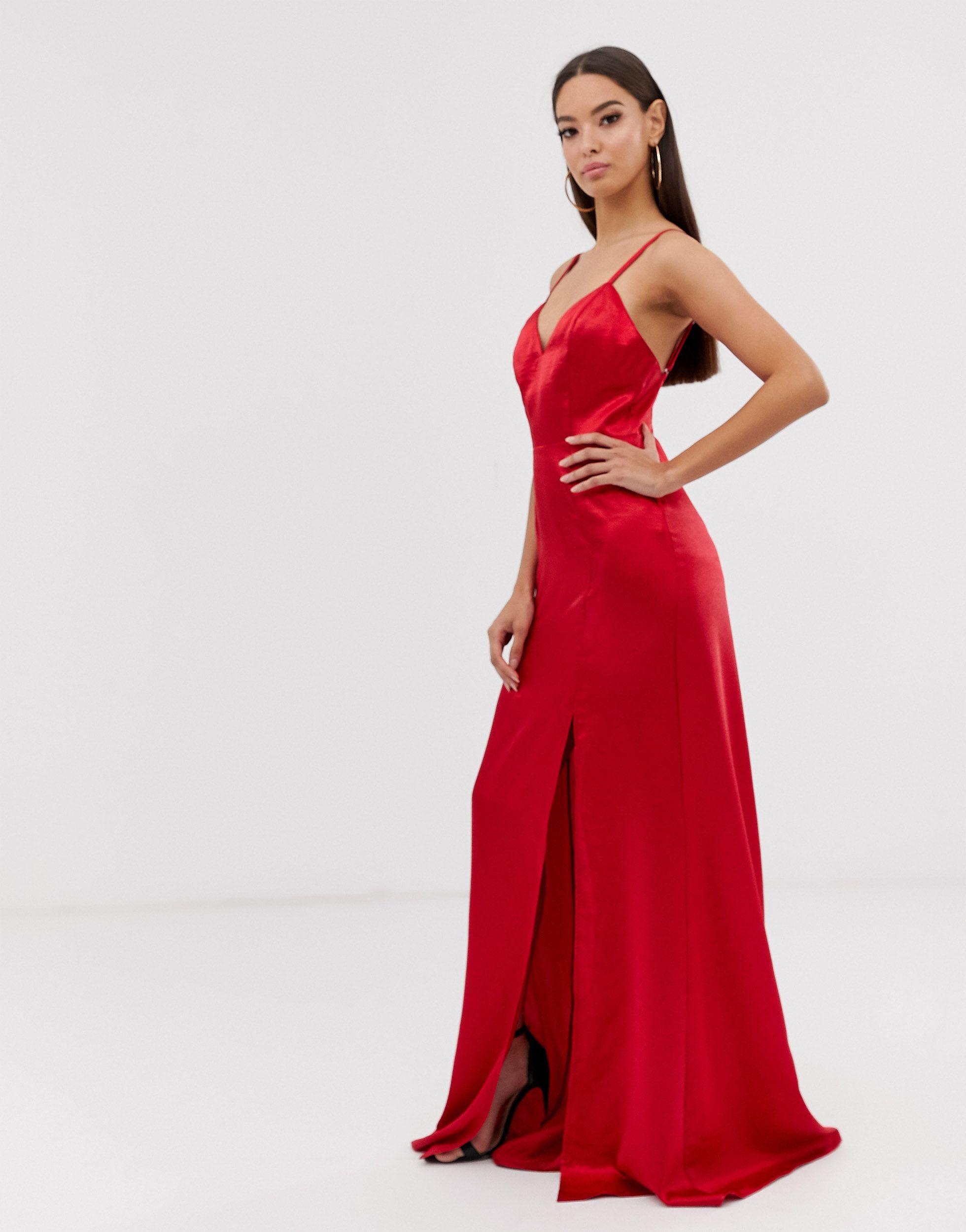 Robe longue en satin fendue à la cuisse Club L London en coloris Rouge |  Lyst