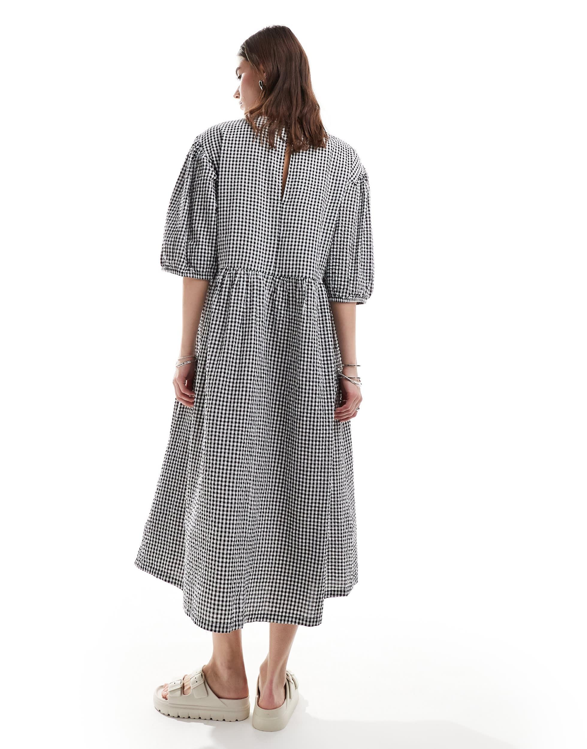 knee length dresses for ladies Monki seersucker smock midi dress in blue and white gingham  ASOS Sample  Sale