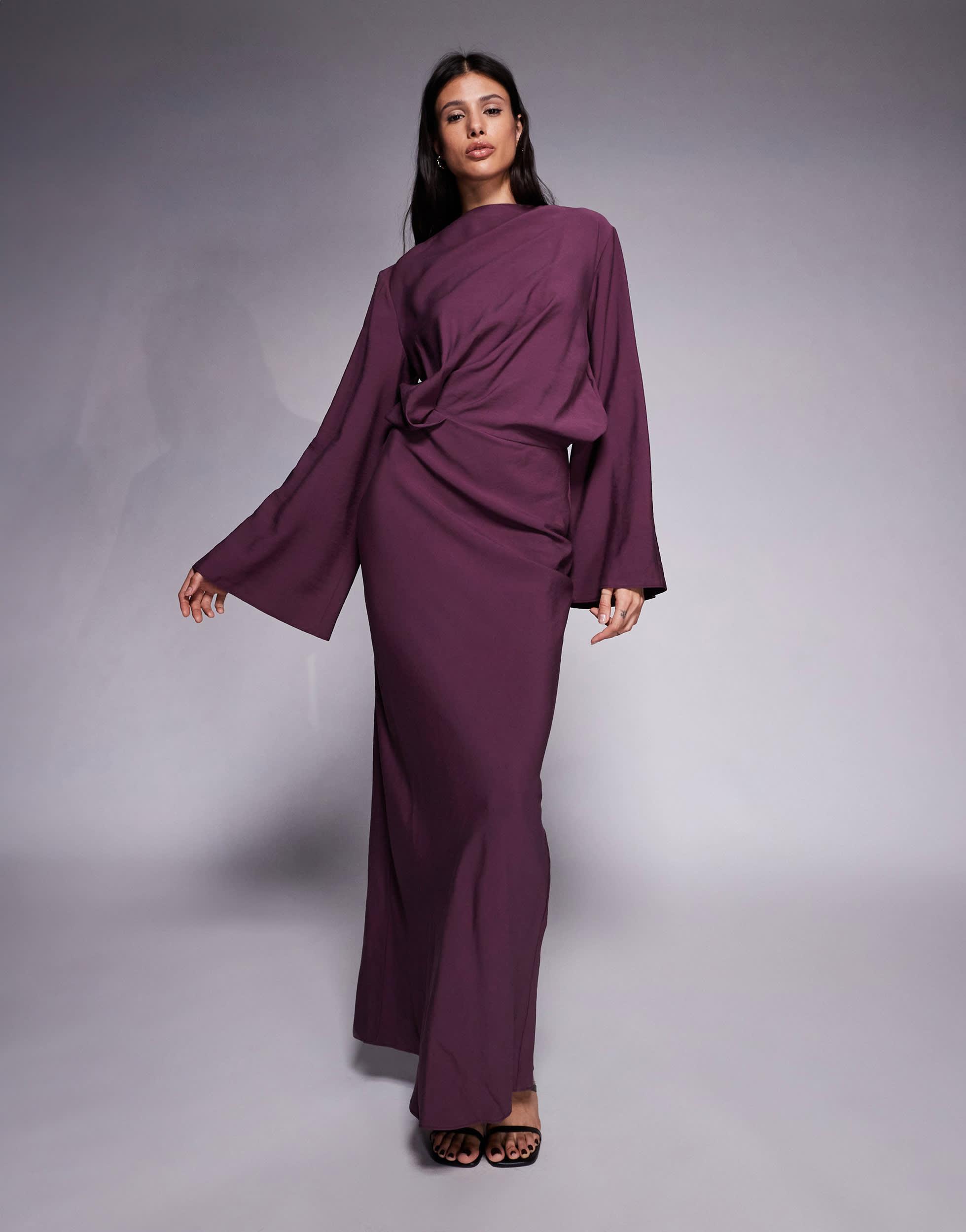 ASOS Asos Design Tall Long Sleeve Tucked Waist Bias Maxi Dress in Purple |  Lyst