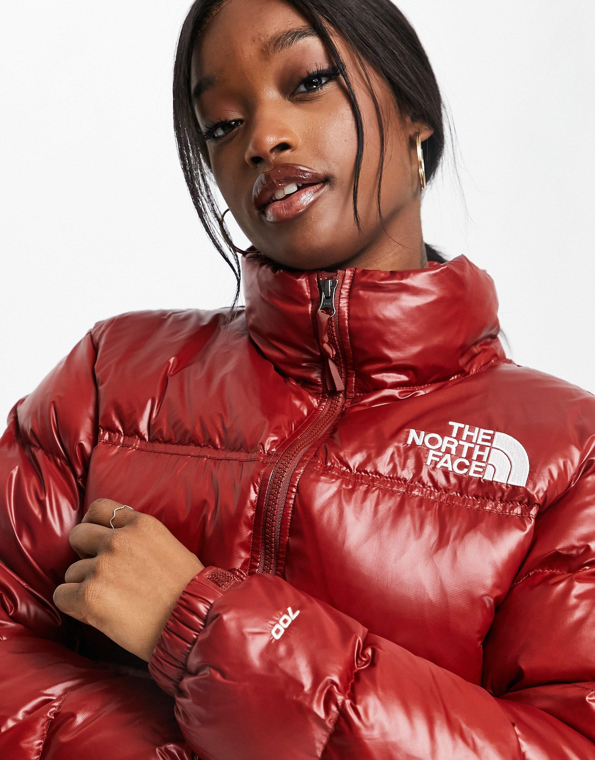 The North Face Synthetic Nuptse Cropped Jacket in Red | Lyst