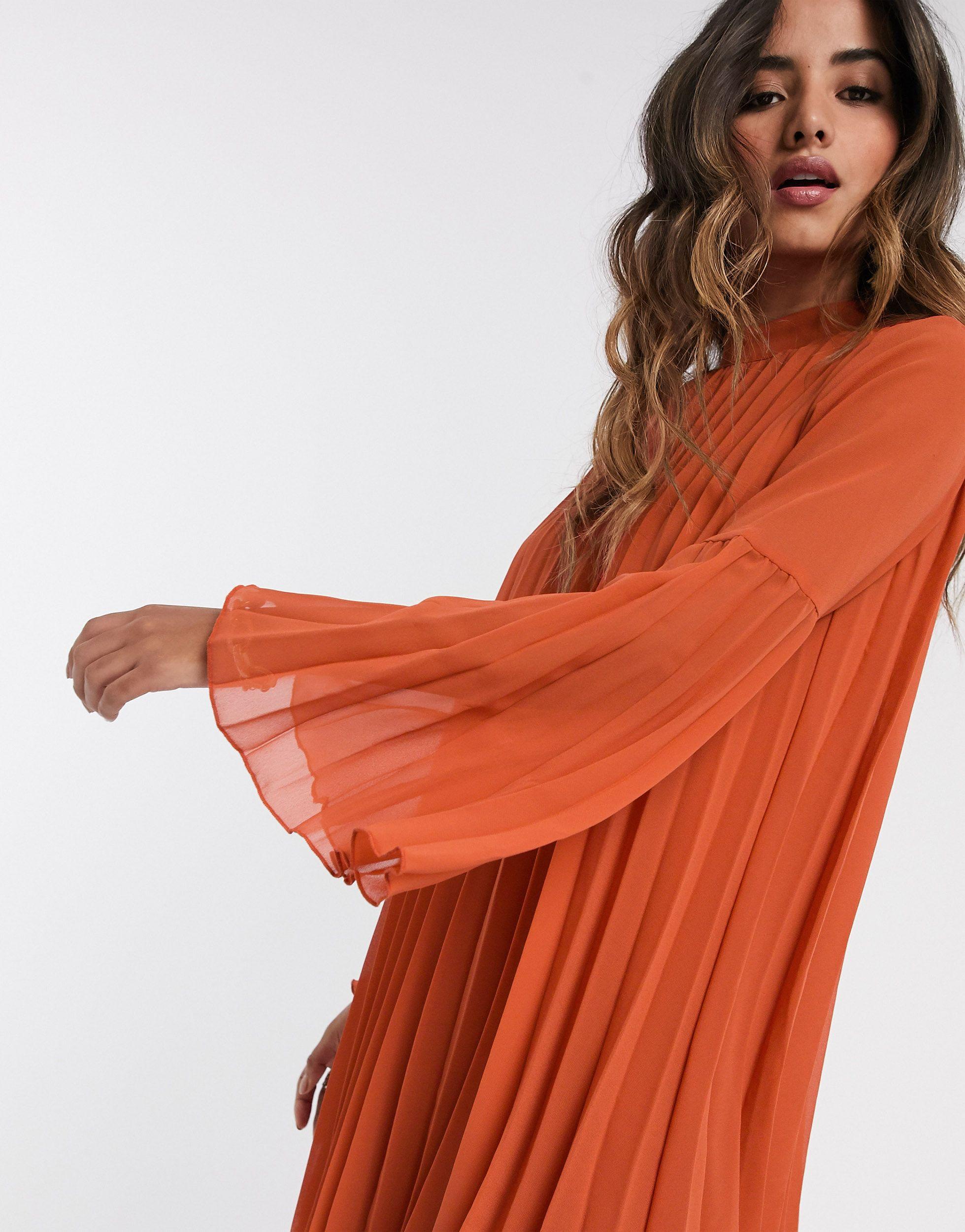 ASOS Synthetic Pleated Trapeze Mini Dress With Fluted Sleeve in Red (Orange) - Lyst