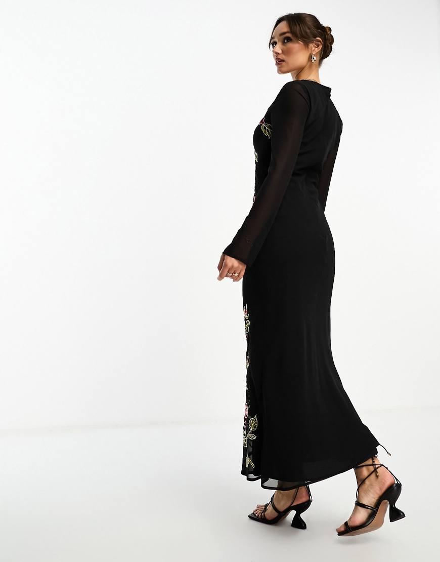ASOS Long Sleeve Maxi Dress With Floral Embroidery in Black Lyst UK