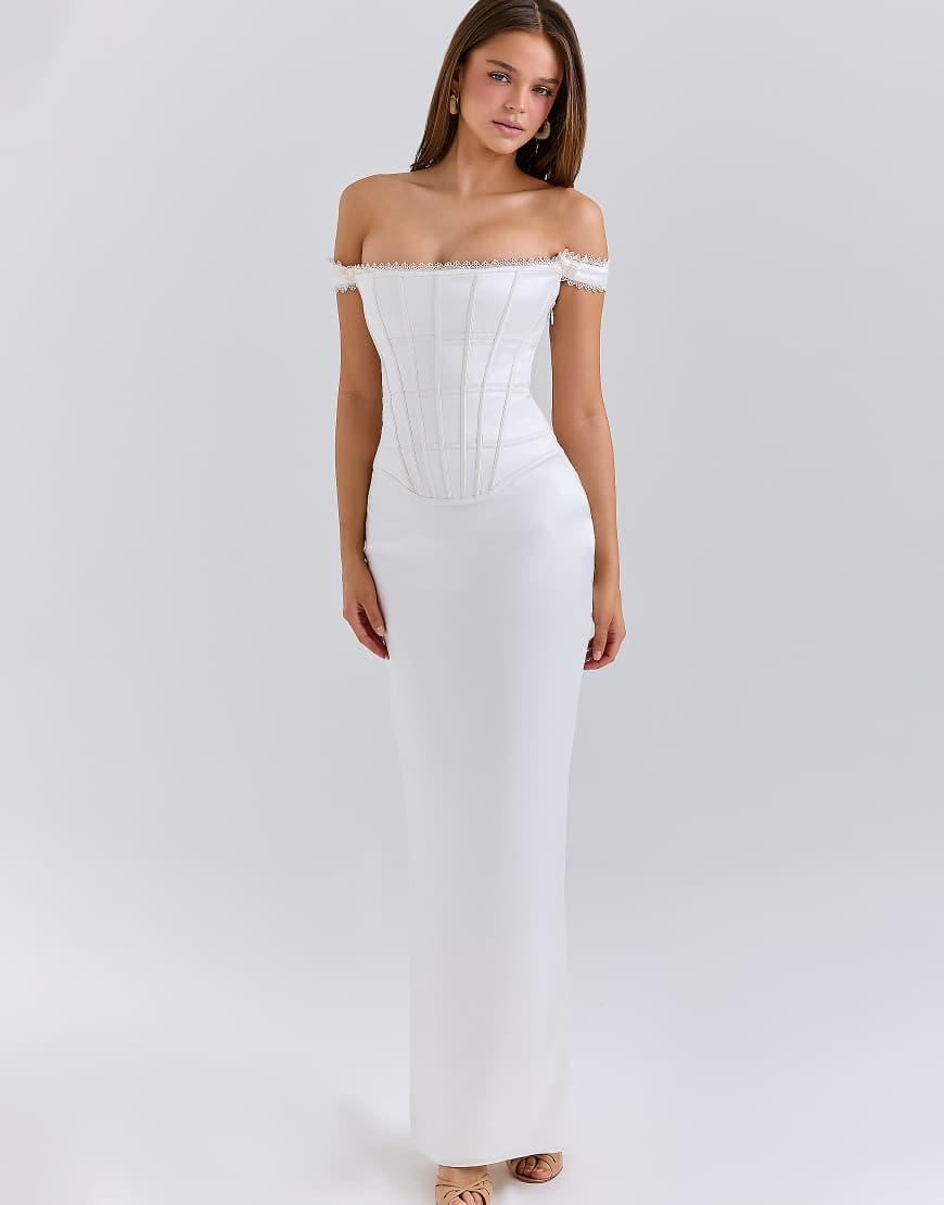 House Of Cb Isis Ivory Satin Corset Maxi Dress in White | Lyst UK