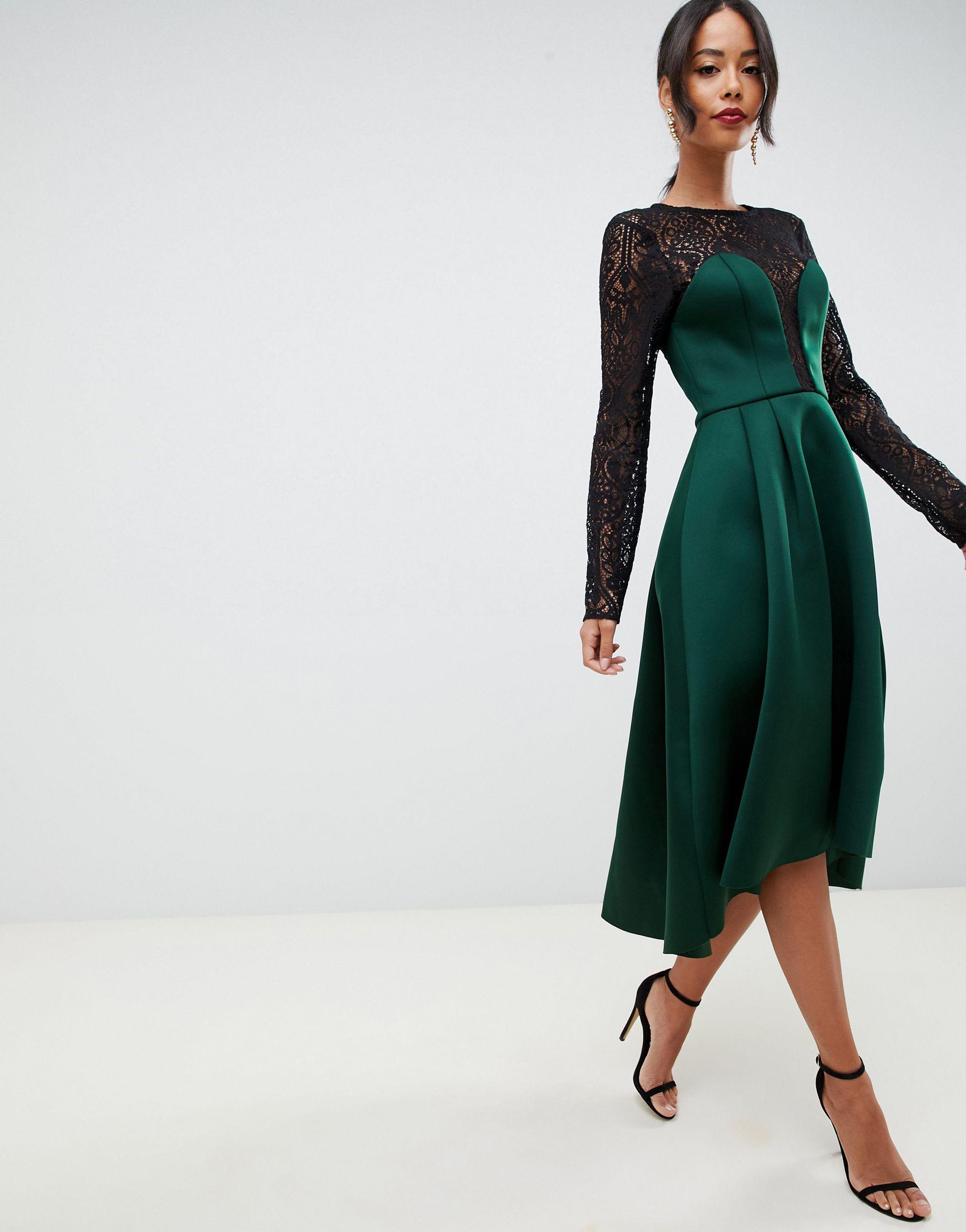 Long Sleeve Lace Top Prom Midi Dress 