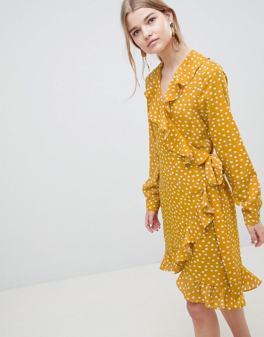 yellow polka dot wrap dress