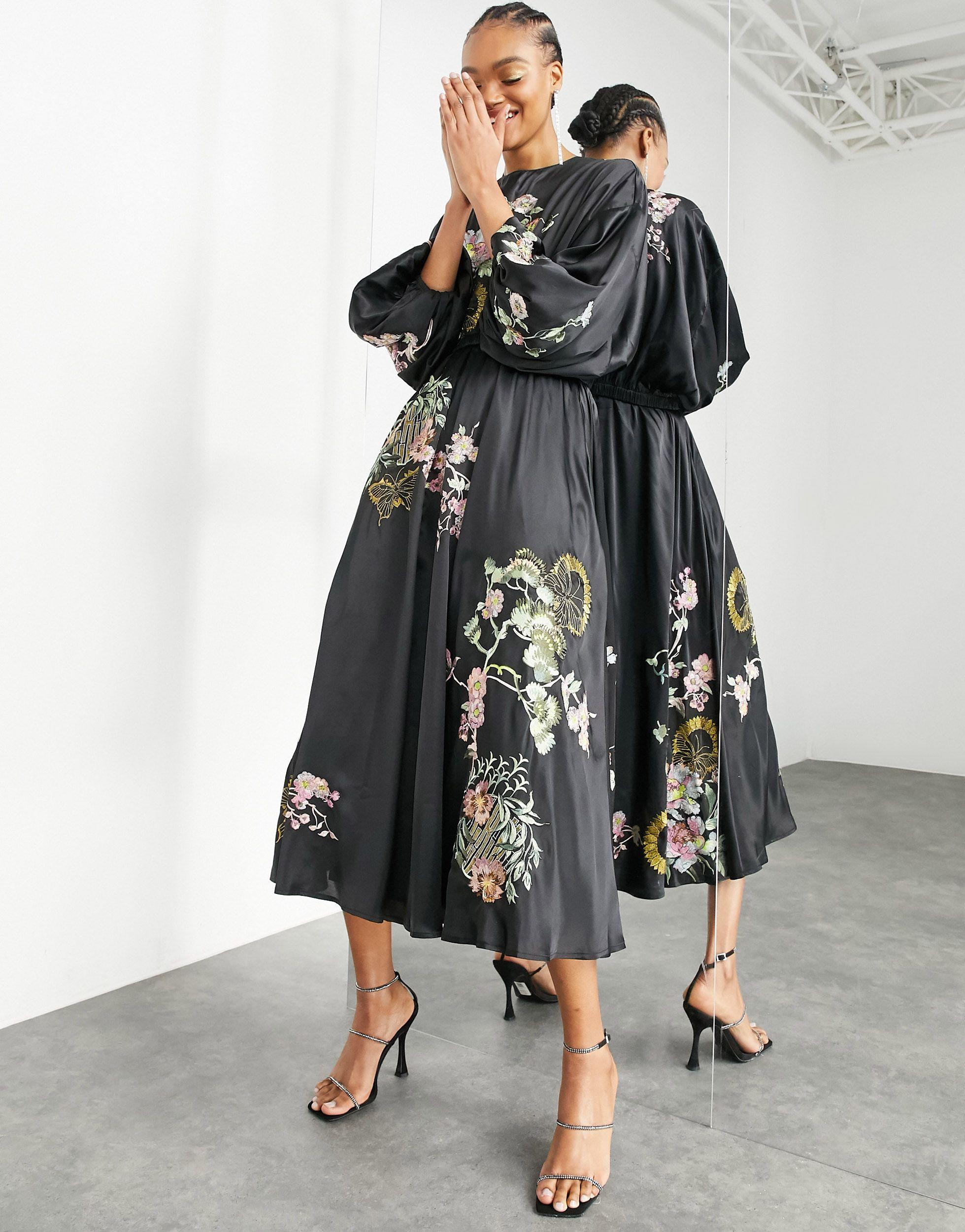 Vestido midi con flores bordadas y manga abombada ASOS de color Negro - Lyst