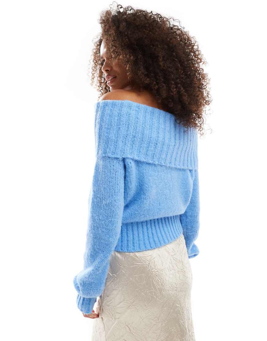 Bershka Fluffy Bardot Jumper in Blue Lyst UK