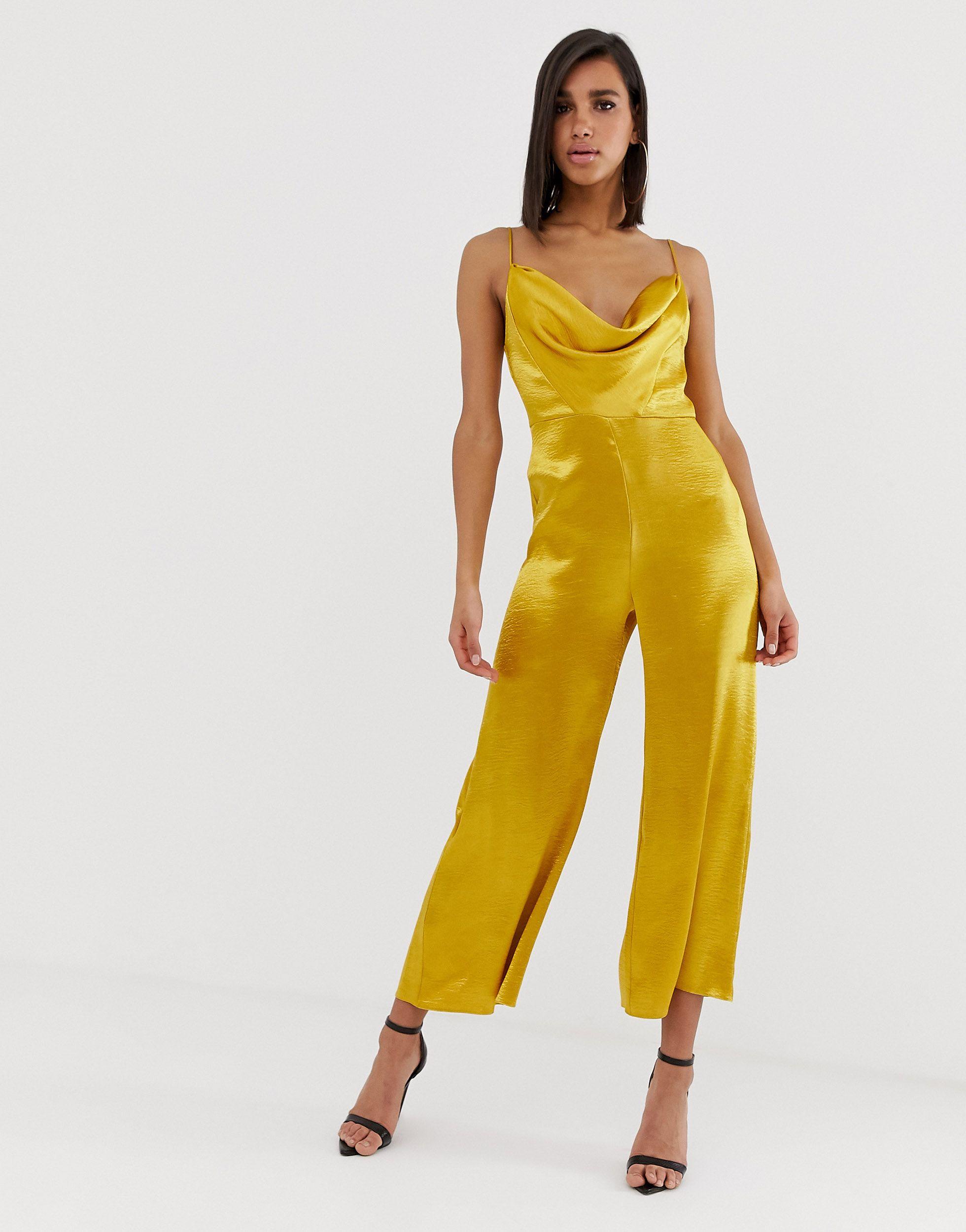 ASOS Satin Cowl Neck Jumpsuit in Yellow | Lyst
