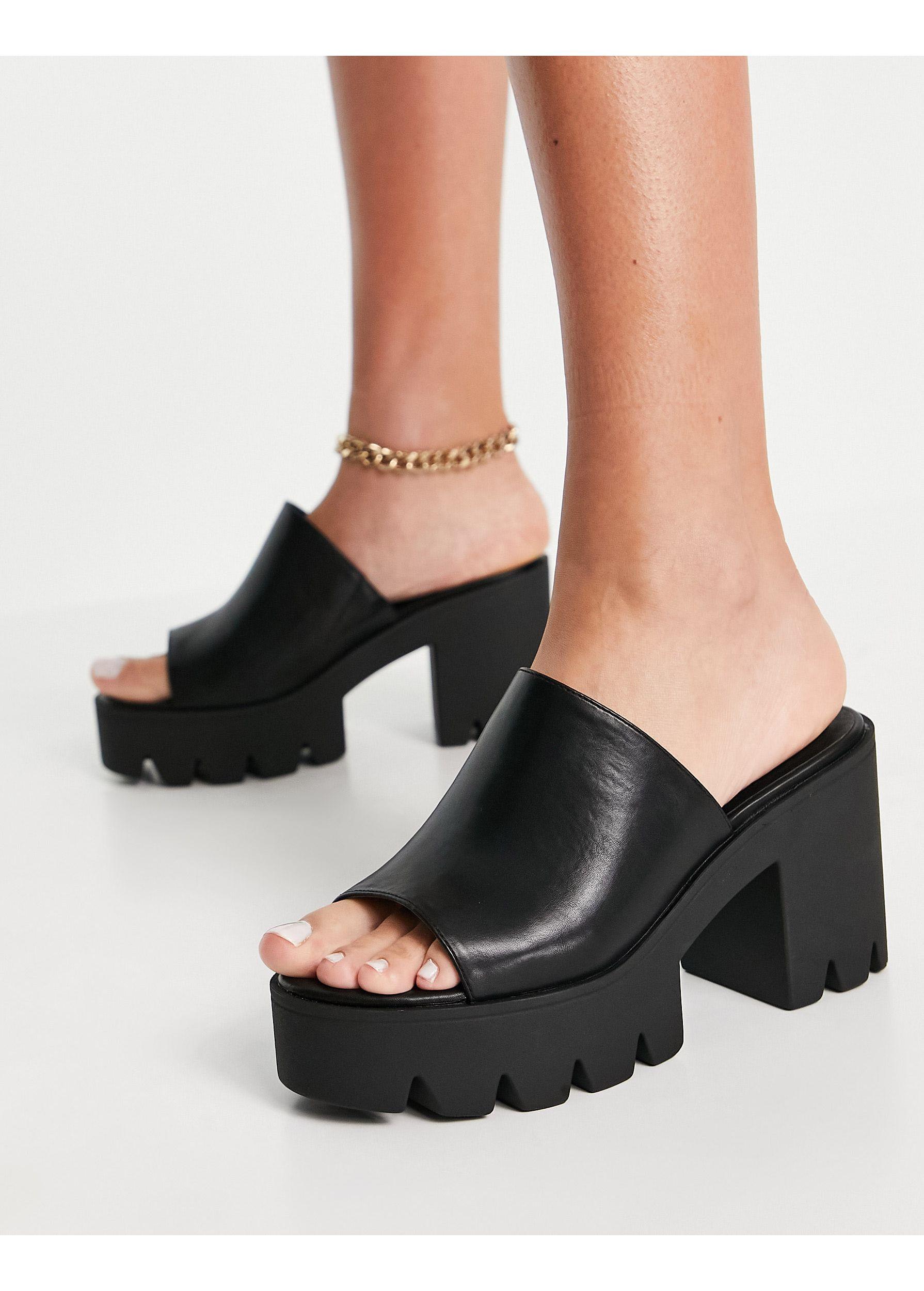 London Rebel Nineties Platform Casual Heeled Mules in Black | Lyst