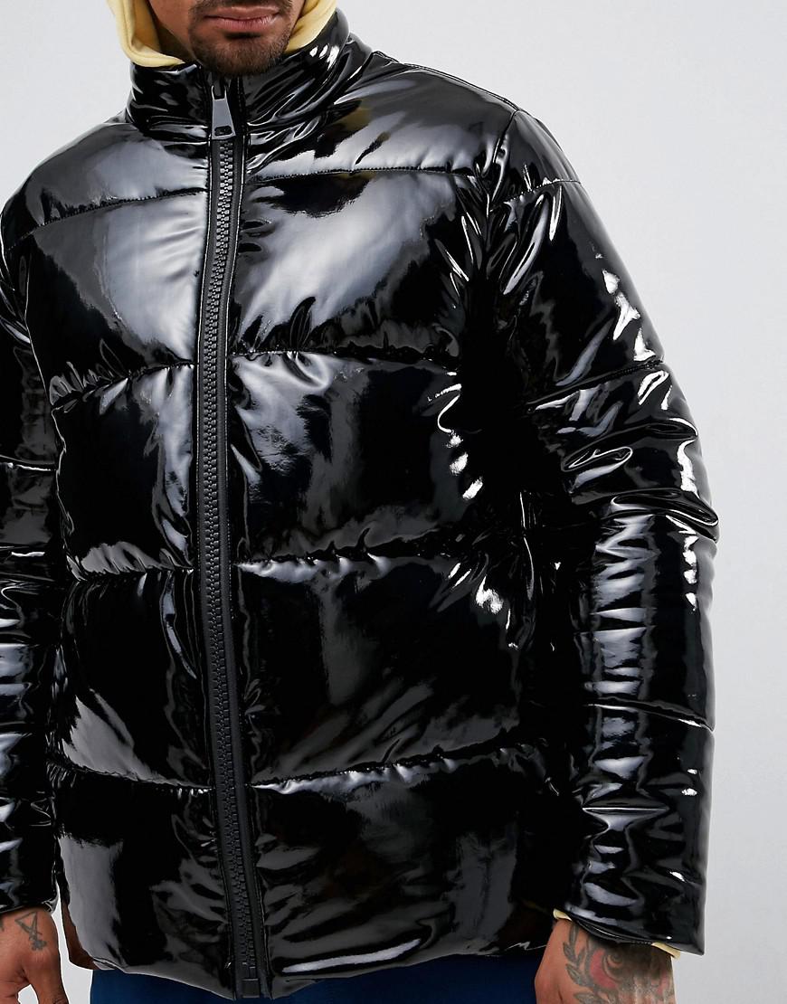 ASOS Denim Vinyl Puffer Jacket In Black for Men - Lyst