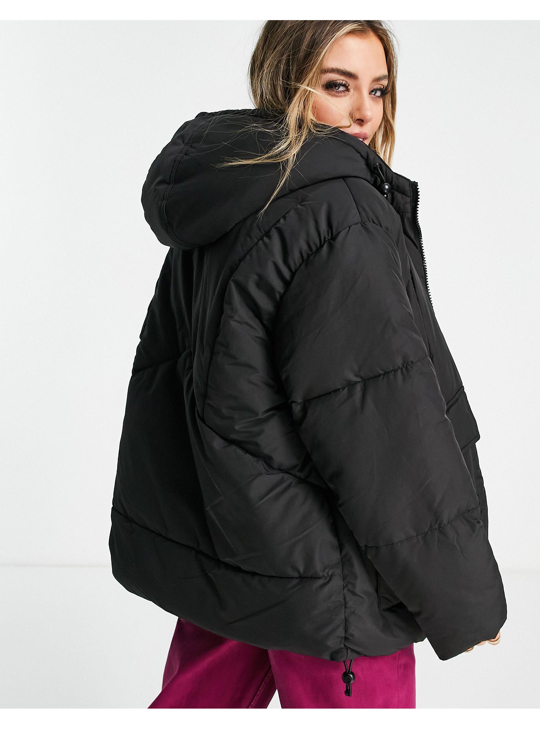 medium length puffer jacket with hood