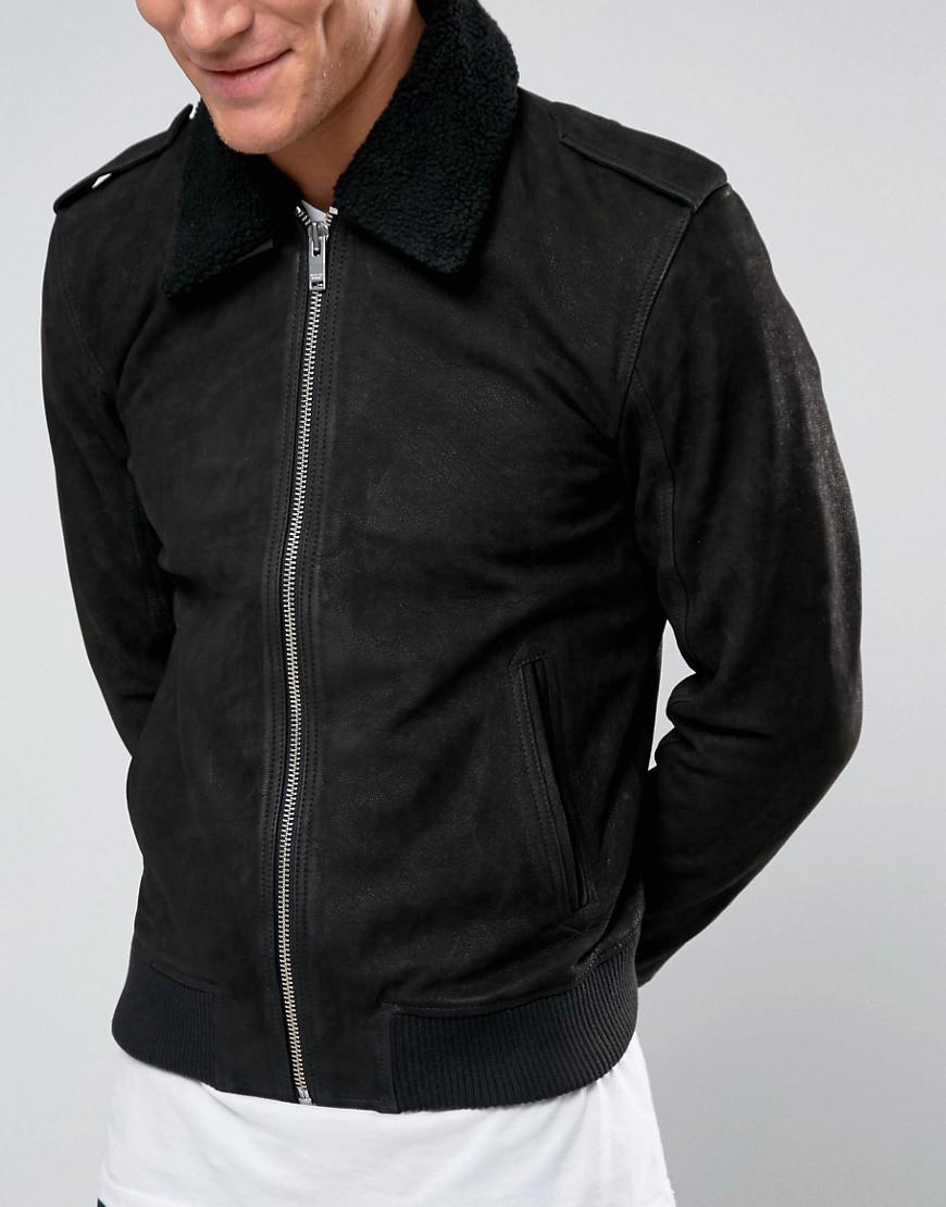 Lyst - SELECTED Leather Flight Jacket With Removeable Borg Collar in ...