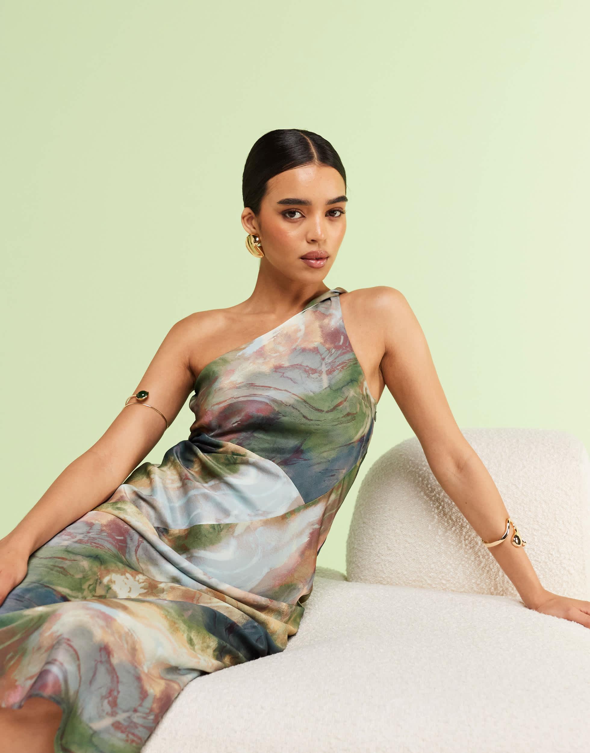 & other stories one shoulder dress & Other Stories one-shoulder midi dress with drape detail in green