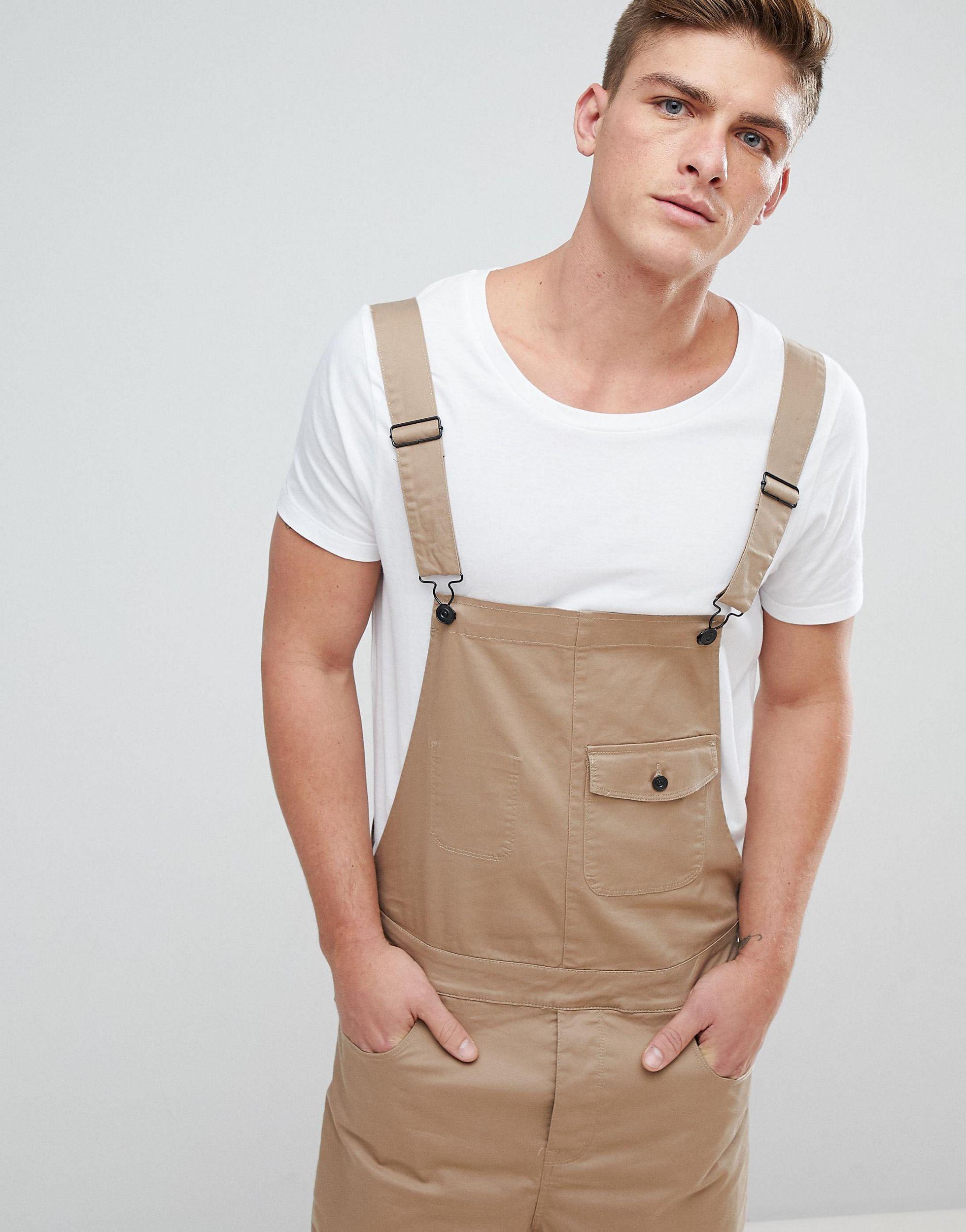 ASOS Cotton Short Dungarees In Stone Twill in Brown for Men Lyst