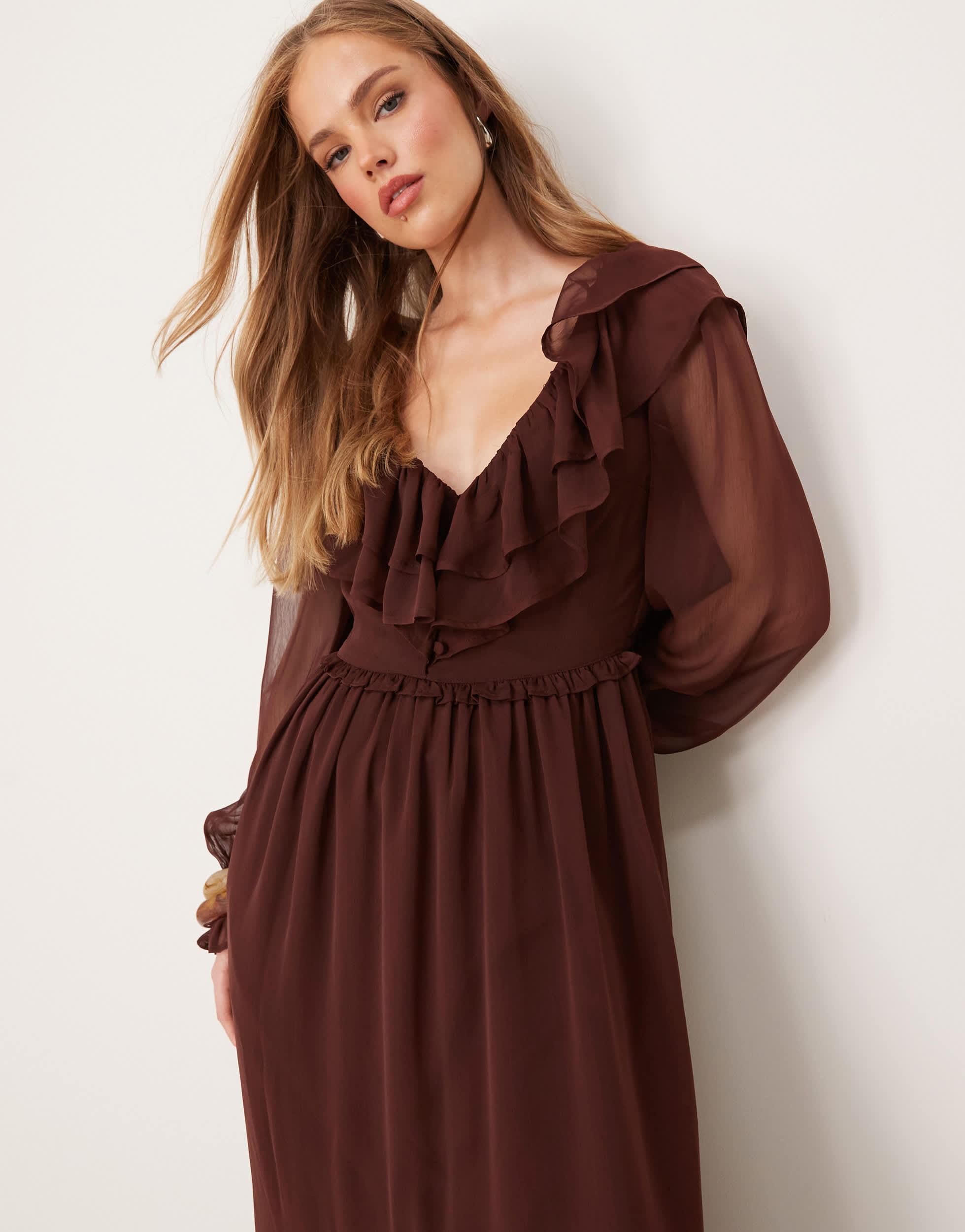 Miss Selfridge Long Sleeve Ruffle Detail Maxi Dress in Brown | Lyst