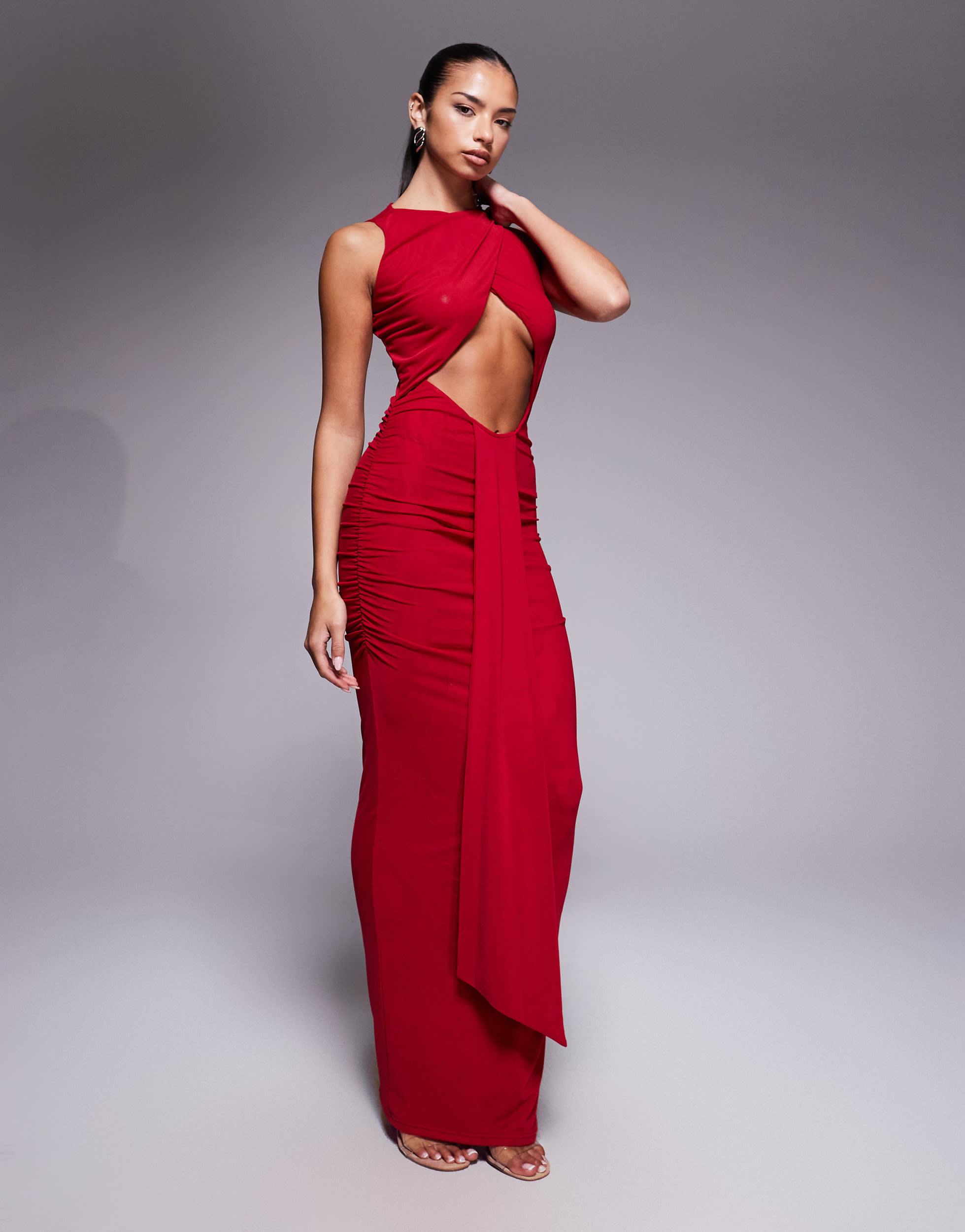 Murci Exclusive Slash Neck Crossover Front Cut Out Drape Detail Sleeveless  Maxi Dress in Red | Lyst
