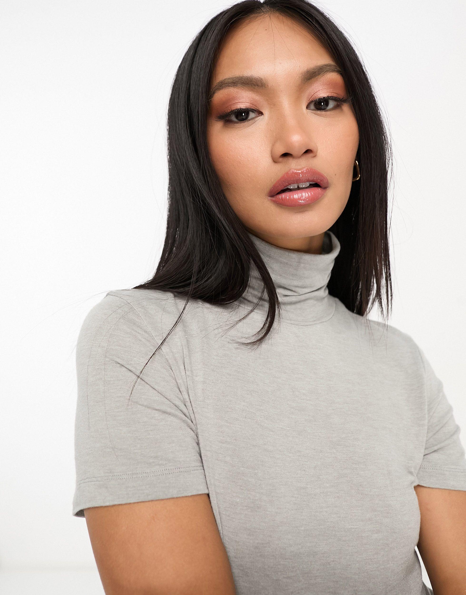 ASOS Fine Knit High Neck Short Sleeve Top in Gray | Lyst