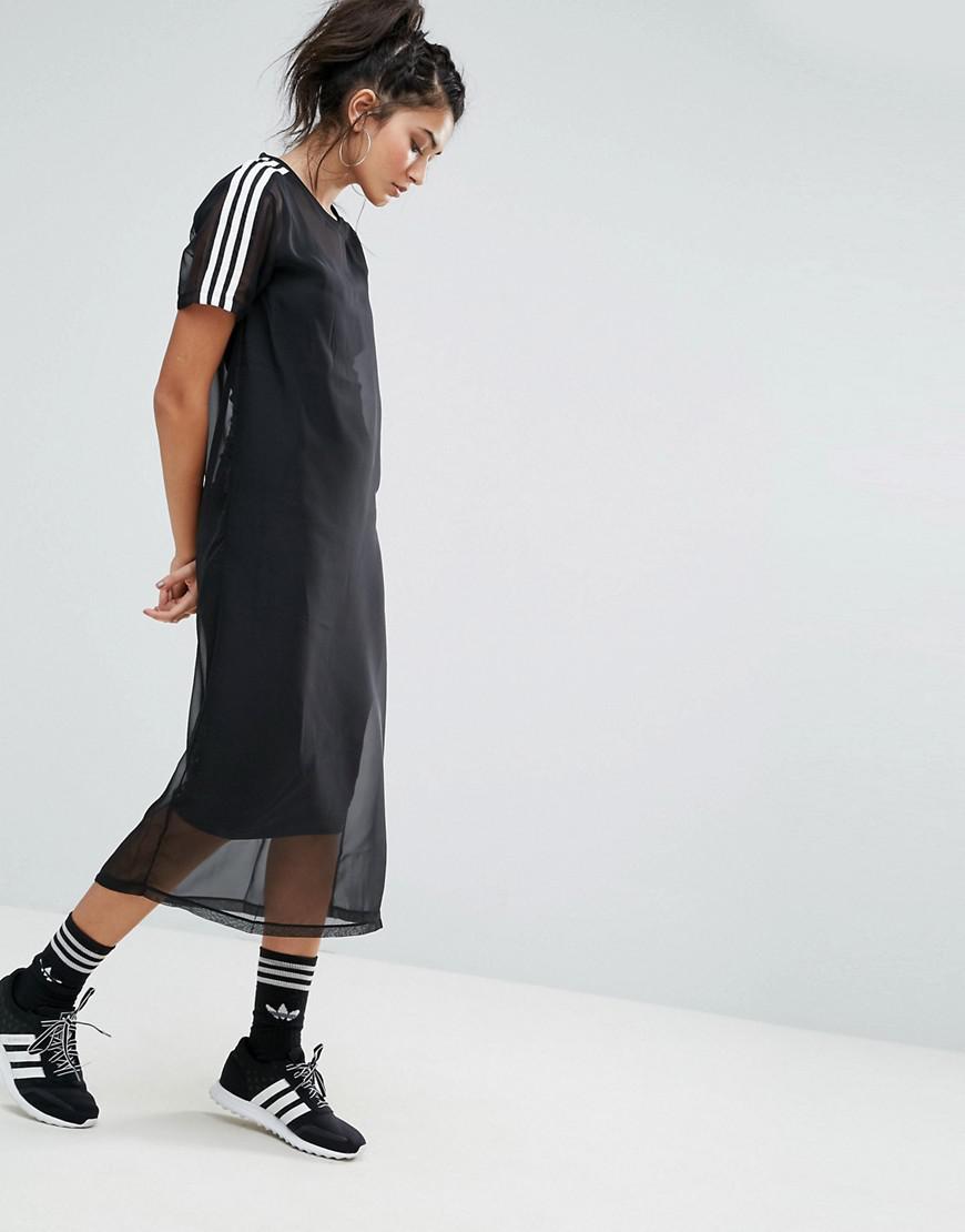 adidas Originals Originals Black Midi Dress With Sheer Mesh Overlay | Lyst