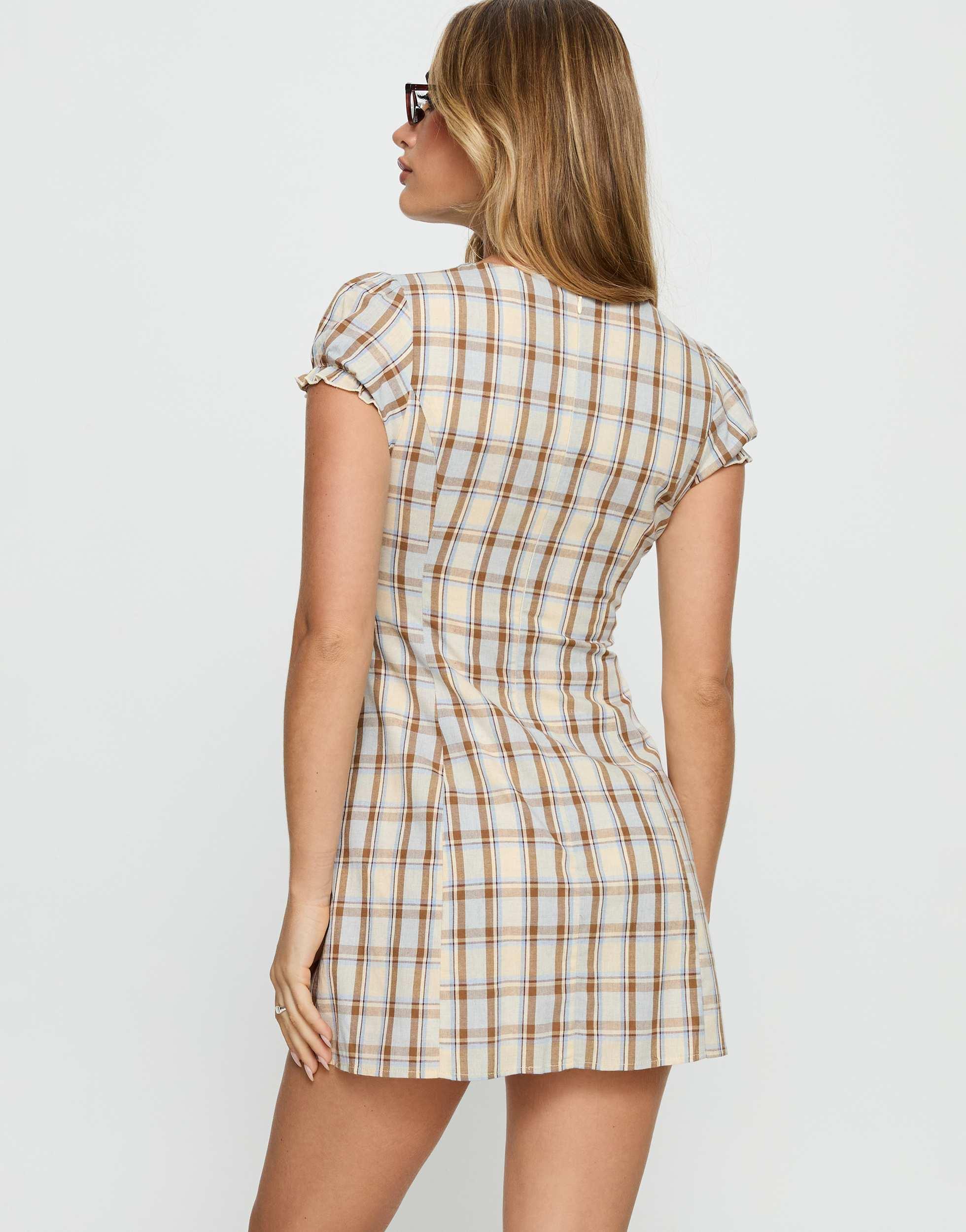 princess polly plaid dress Mystee cotton plunge cap sleeve pleat detail mini in cream check inspired dress made from a lightweight Polly Flinders red and green