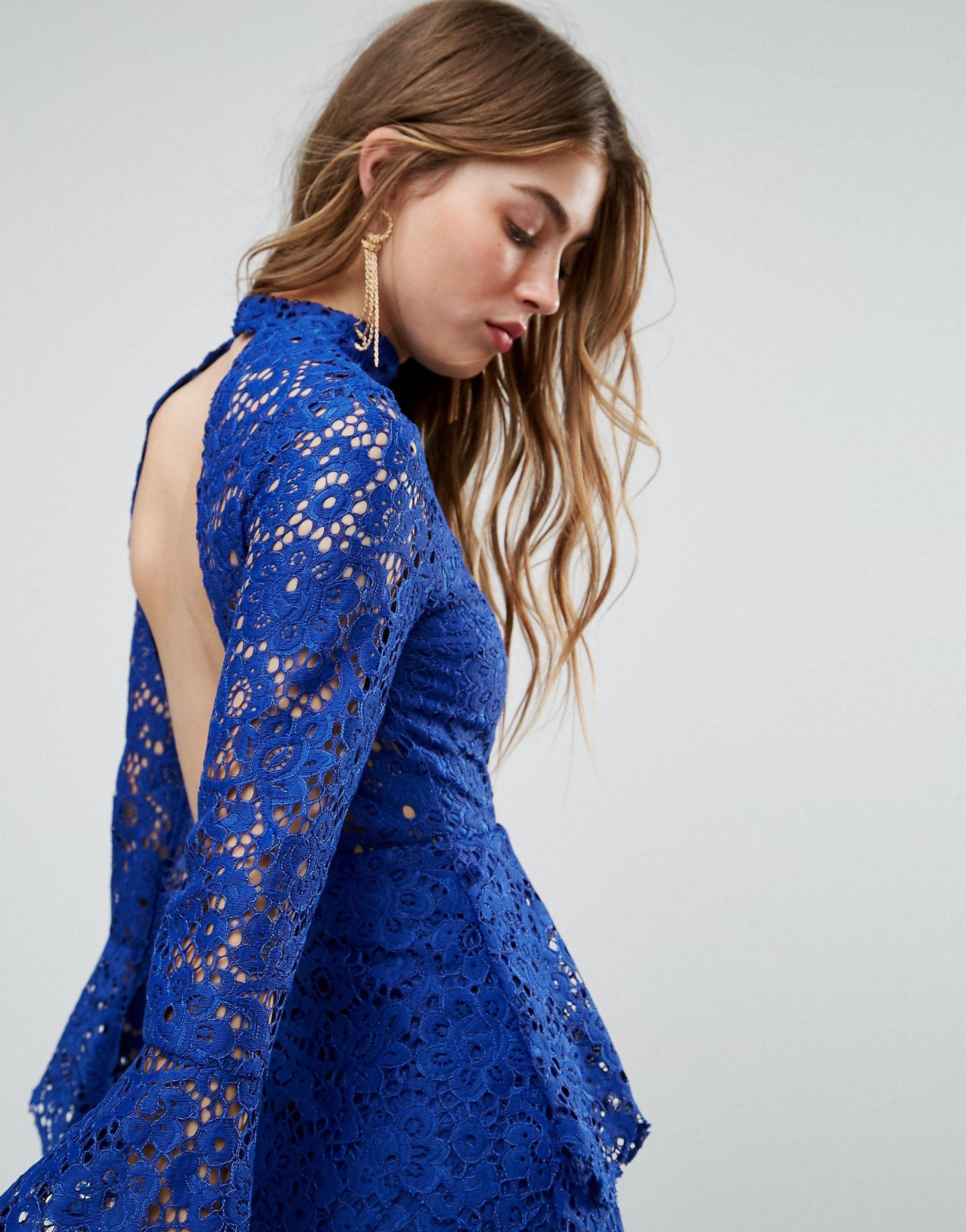 Missguided Long Sleeve Lace Double Layer Dress in Navy (Blue) - Lyst