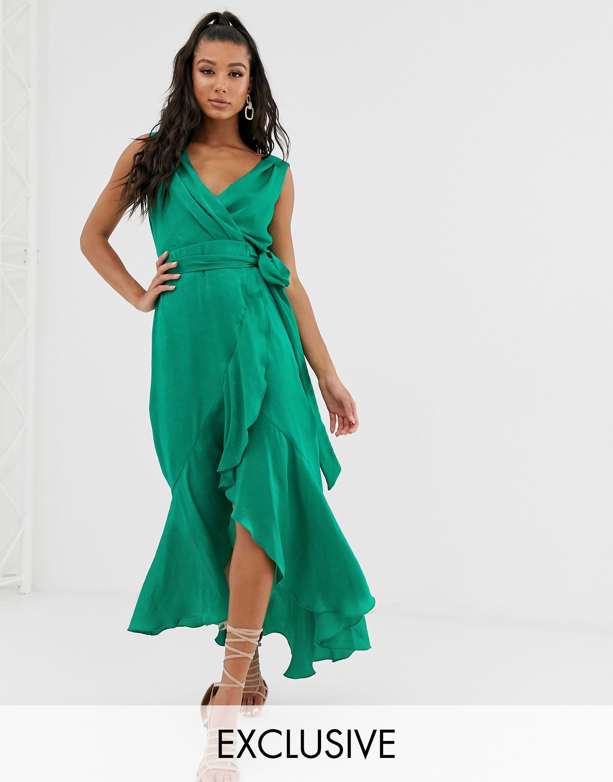 Flounce London Wrap Front Satin Midaxi Dress in Green | Lyst