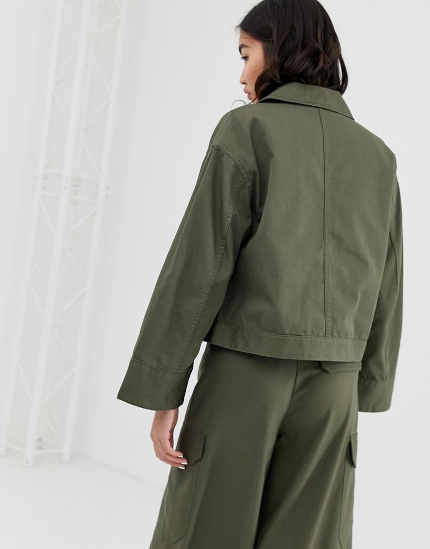 Monki Denim Cropped Utility Jacket in Green | Lyst