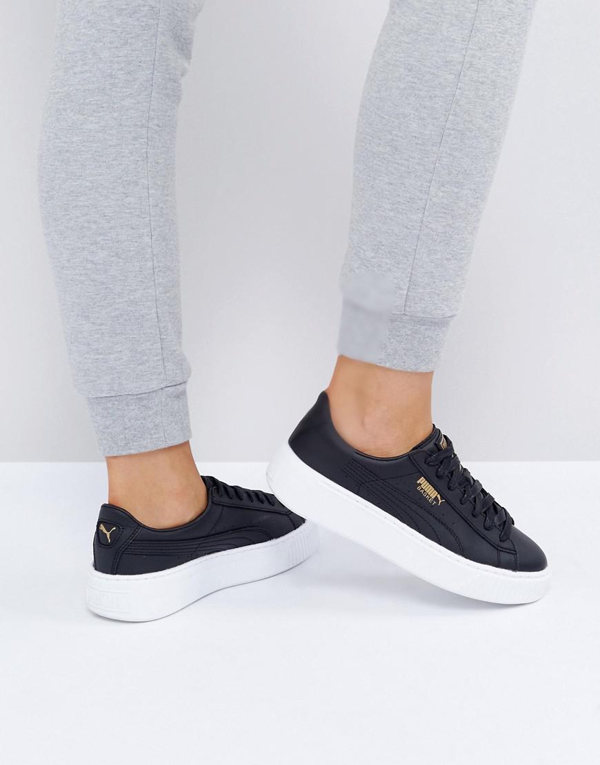 PUMA Leather Basket Platform Trainers In Black in White - Lyst