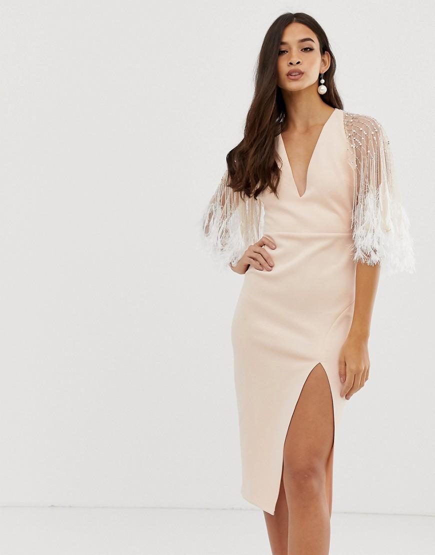 Robe fourreau mi-longue effet cape avec fausses plumes ASOS en coloris Rose  | Lyst