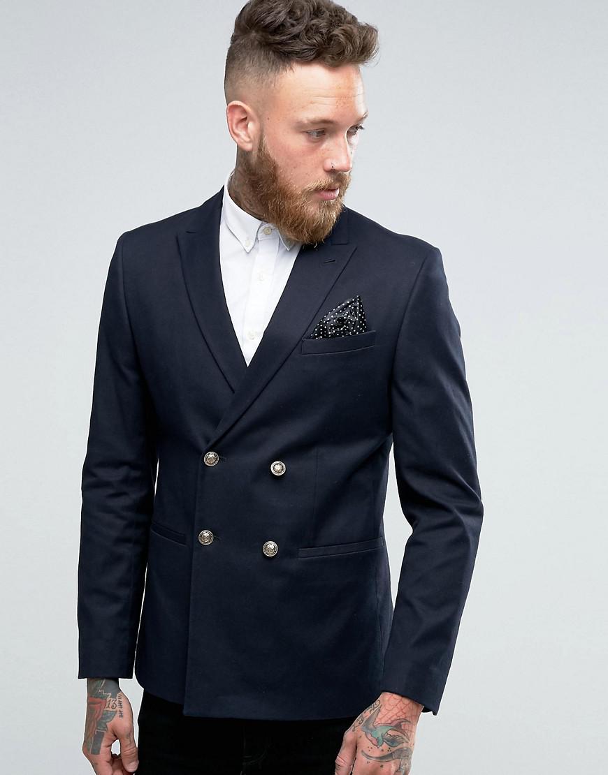 ASOS Asos Skinny Double Breasted Blazer In Navy With Gold Buttons in Blue  for Men | Lyst UK