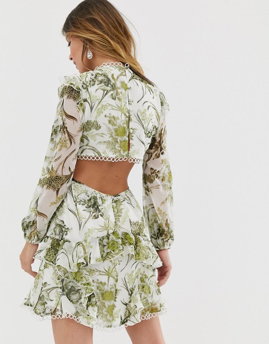 asos design long sleeve mini dress in floral print with cluster embellishment detail and circle trims