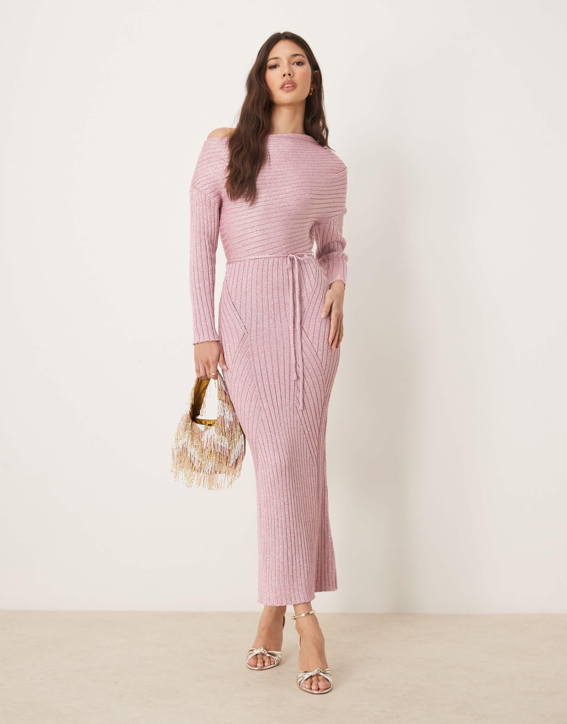 Never Fully Dressed Off Shoulder Knitted Maxi Dress in Pink | Lyst