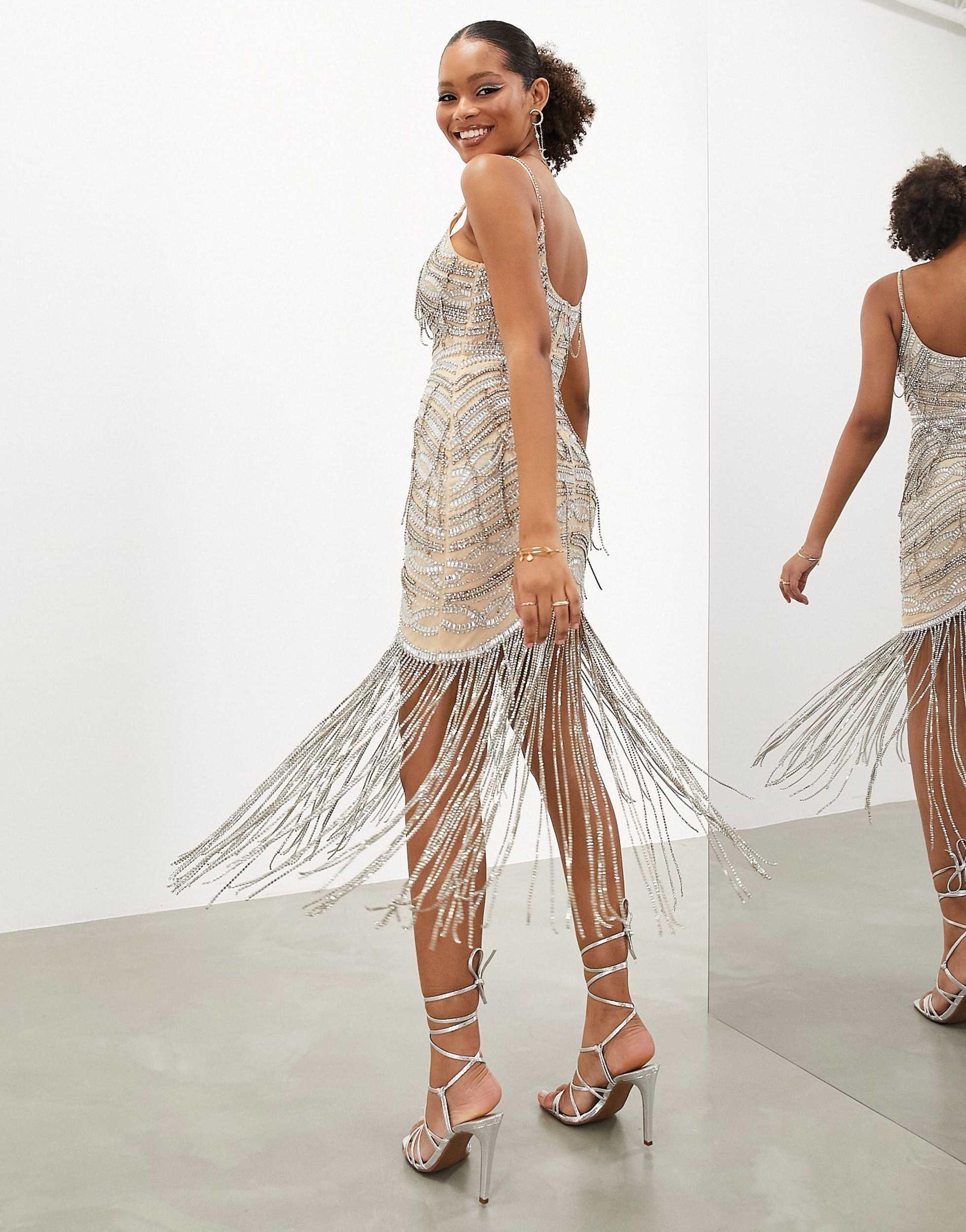 ASOS Premium Gem Encrusted Cami Midi Dress With Cup Chain Fringe Hem in White Lyst