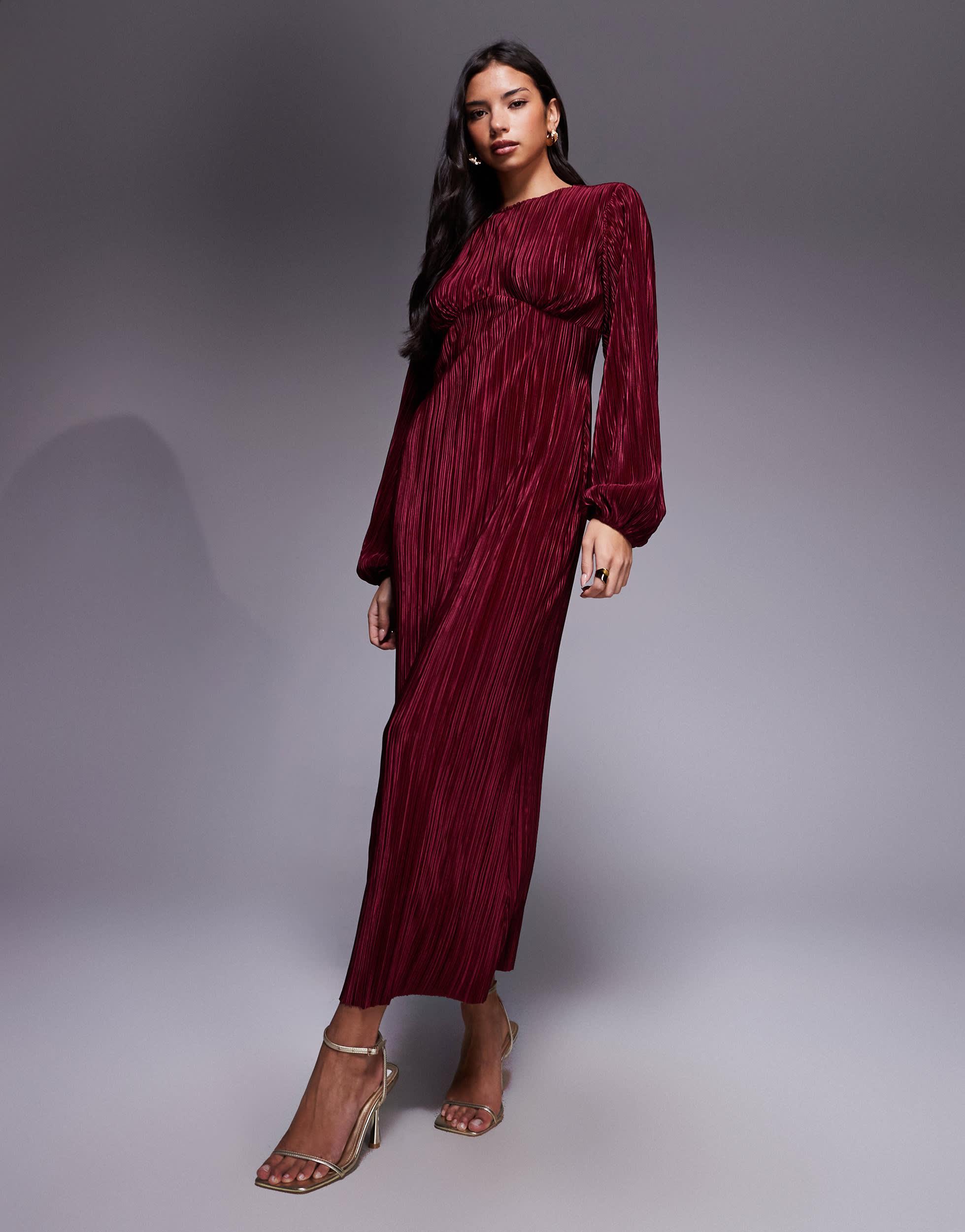 asos design long sleeve satin plisse maxi dress ASOS DESIGN long sleeve satin plisse maxi dress