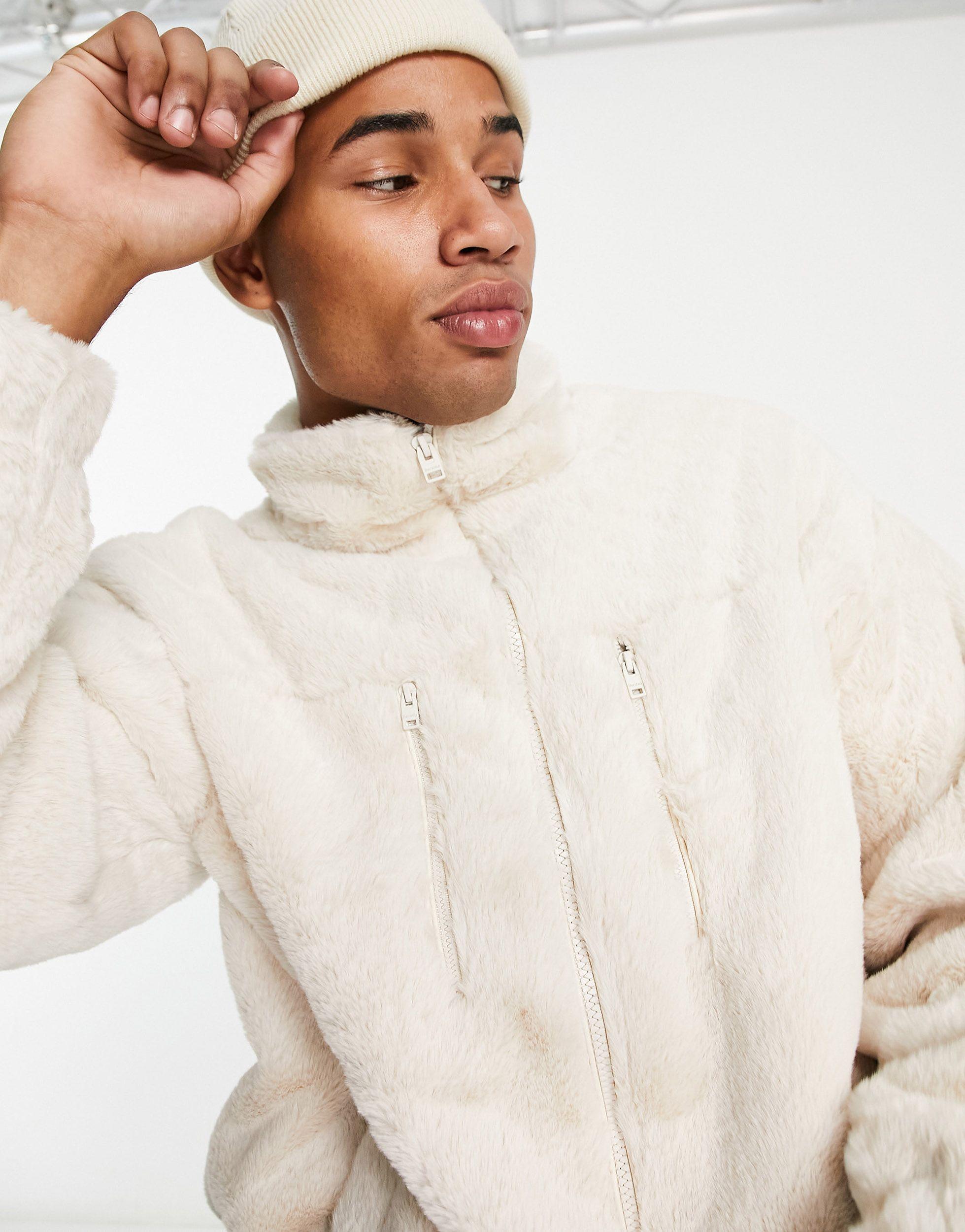 Bershka Faux Fur Full-zip Jacket in White for Men | Lyst